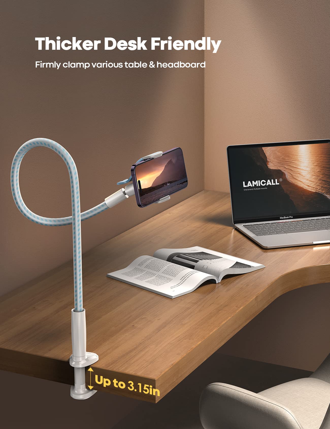 Foto 4 | Soporte Para Teléfono Lamicall, Cama Con Cuello De Cisne, Brazo Flexible, Blanco Y Azul - Venta Internacional.