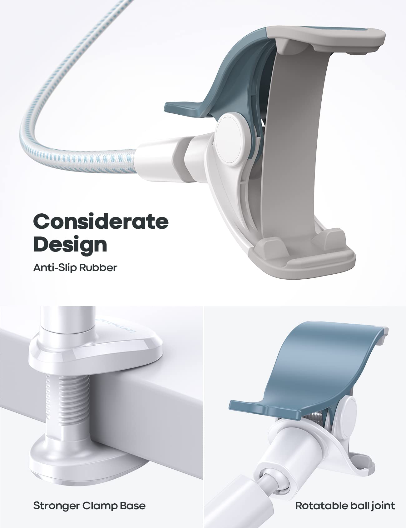 Foto 7 pulgar | Soporte Para Teléfono Lamicall, Cama Con Cuello De Cisne, Brazo Flexible, Blanco Y Azul - Venta Internacional.