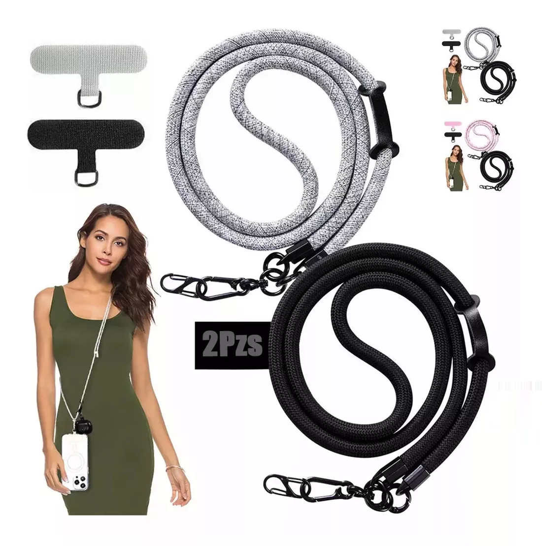 Foto 4 pulgar | Colgantes Y Correas Celular Cuerpo Moda Ajustable 10mm 2 Pzs, Negro + Gris