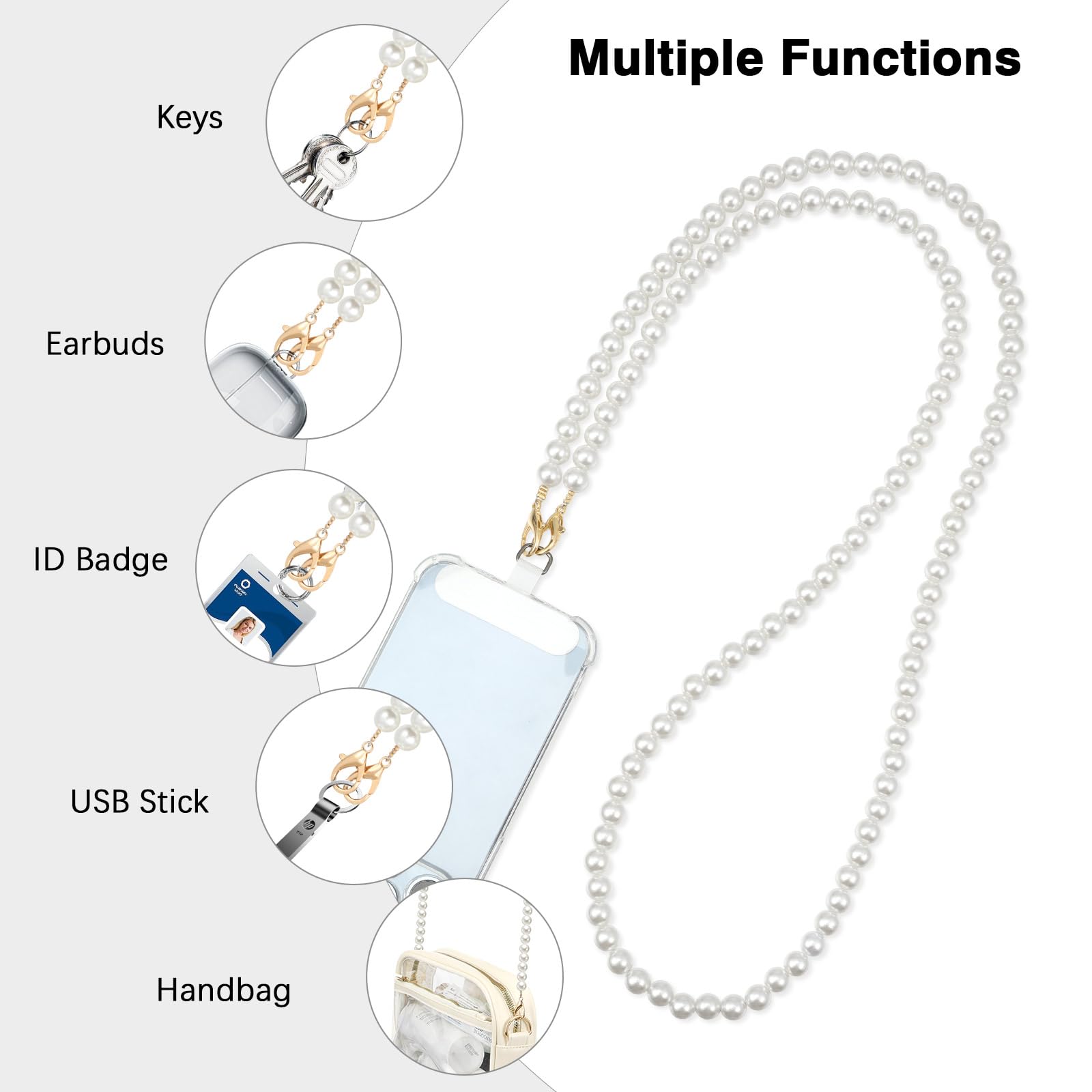 Foto 5 pulgar | Lanyard Moko Universal Pearl Beaded White Para Iphone - Venta Internacional.