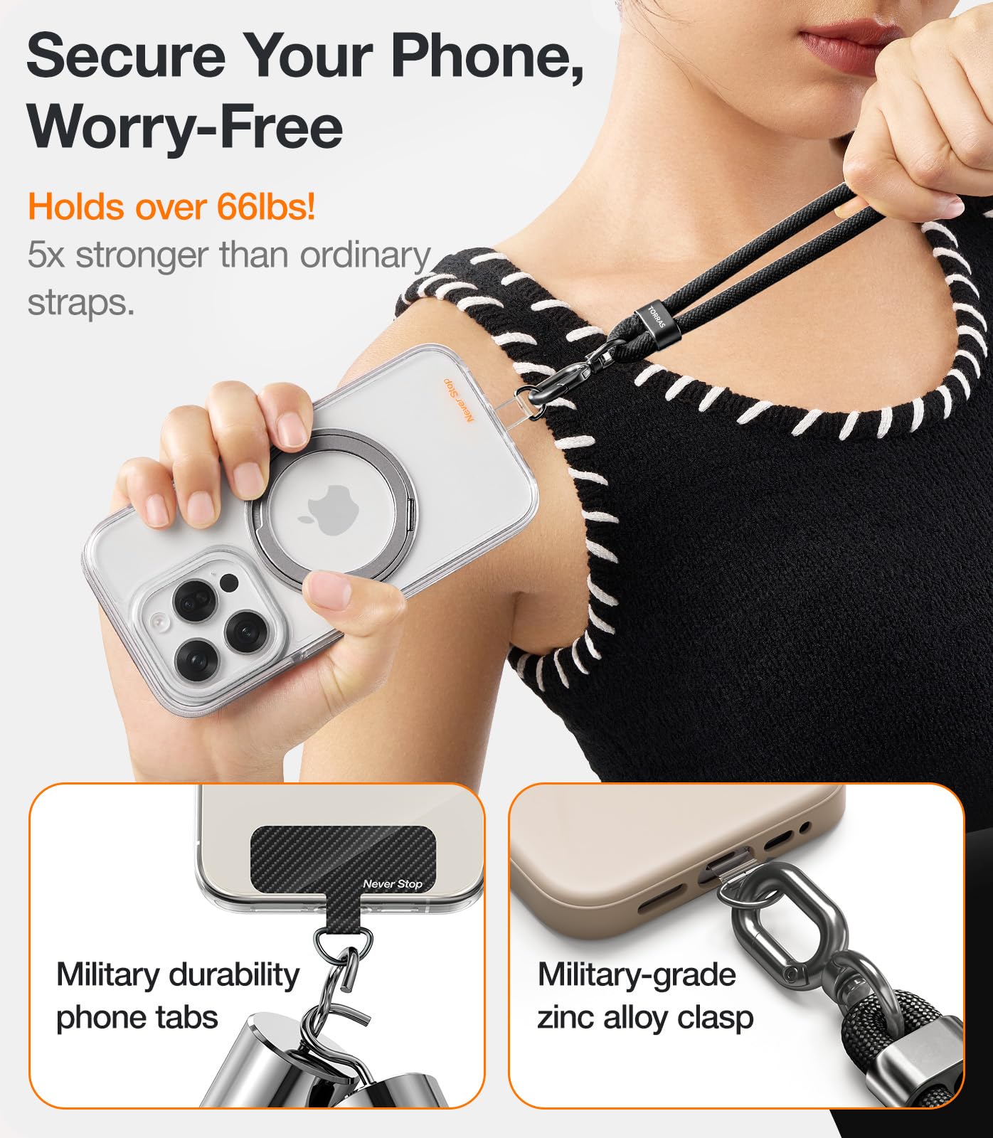 Foto 4 | Cordón De Teléfono Tipo Bandolera Torras Con 2 Lengüetas Para Teléfono, Color Negro - Venta Internacional.