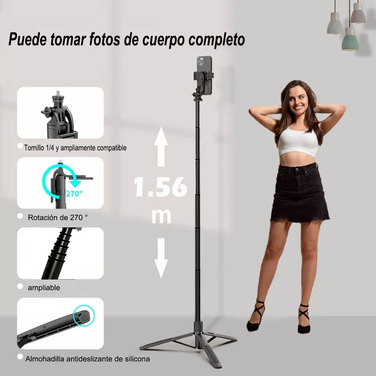 Foto 4 pulgar | Palo Selfie Stick Trípode Con Control Remoto Bluetooth 156cm Eo Safe Imports Esi-14268 Negro