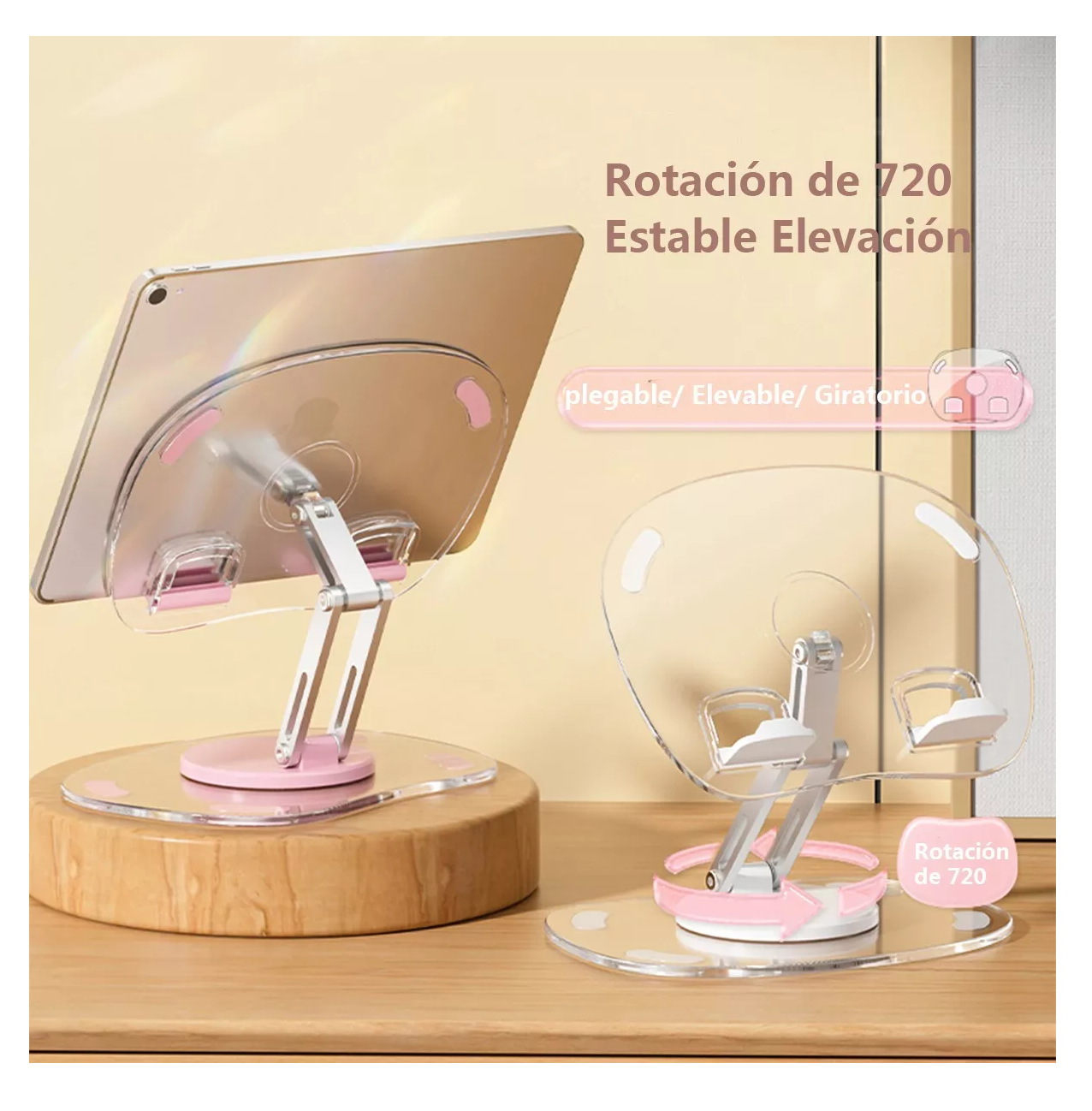 Foto 3 pulgar | Soporte 360 Ajustable Plegable Para Tableta/télefono Rosa Transparente