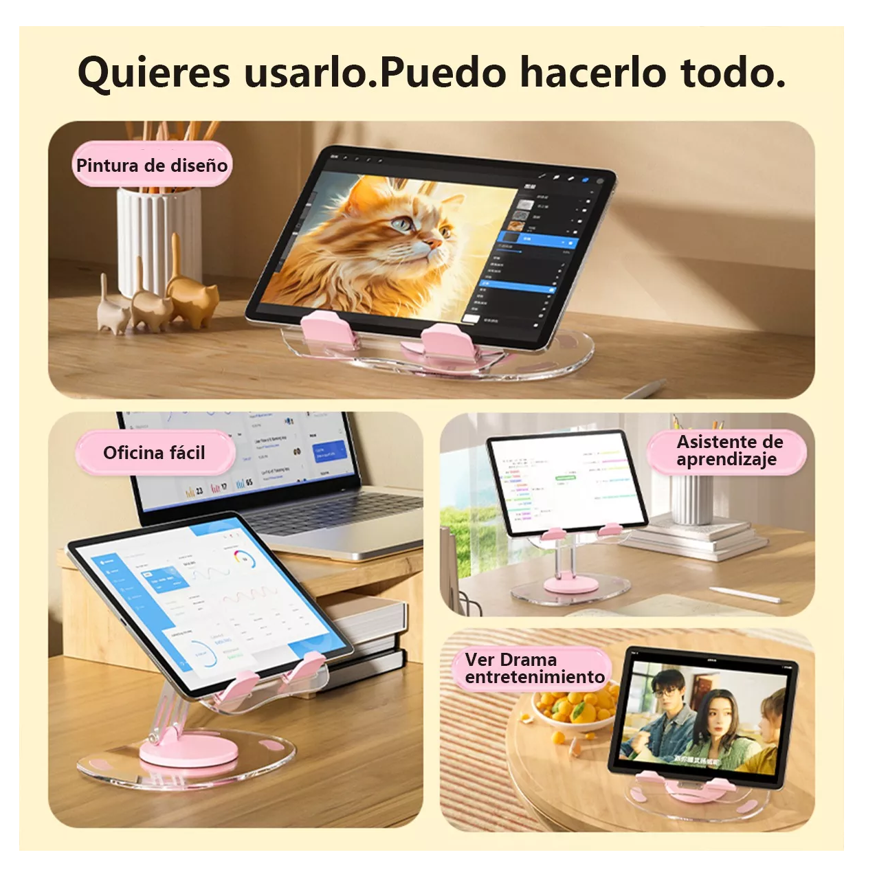 Foto 4 pulgar | Soporte 360 Ajustable Plegable Para Tableta/télefono Rosa Transparente