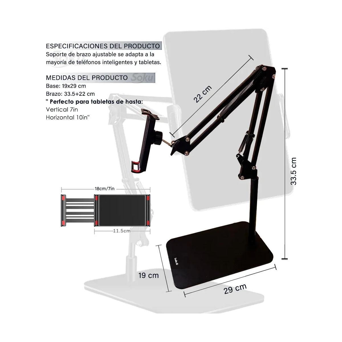 Foto 4 pulgar | Soporte Brazo Metal Giro Base Tableta Lab.g Negro