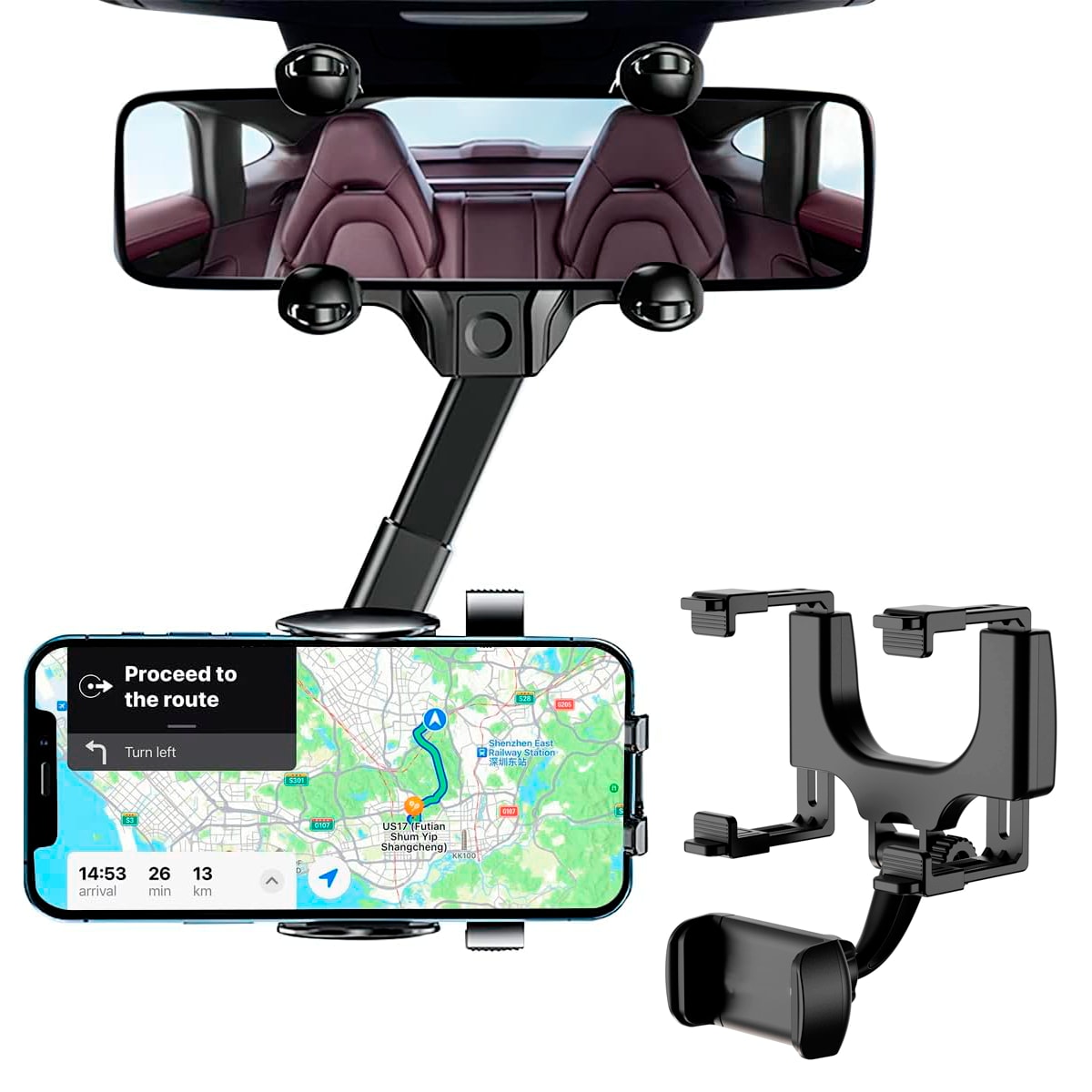 Soporte Porta Para Celular Y Espejo Retrovisor Para Auto 360 Grados Universal Multiusos $150