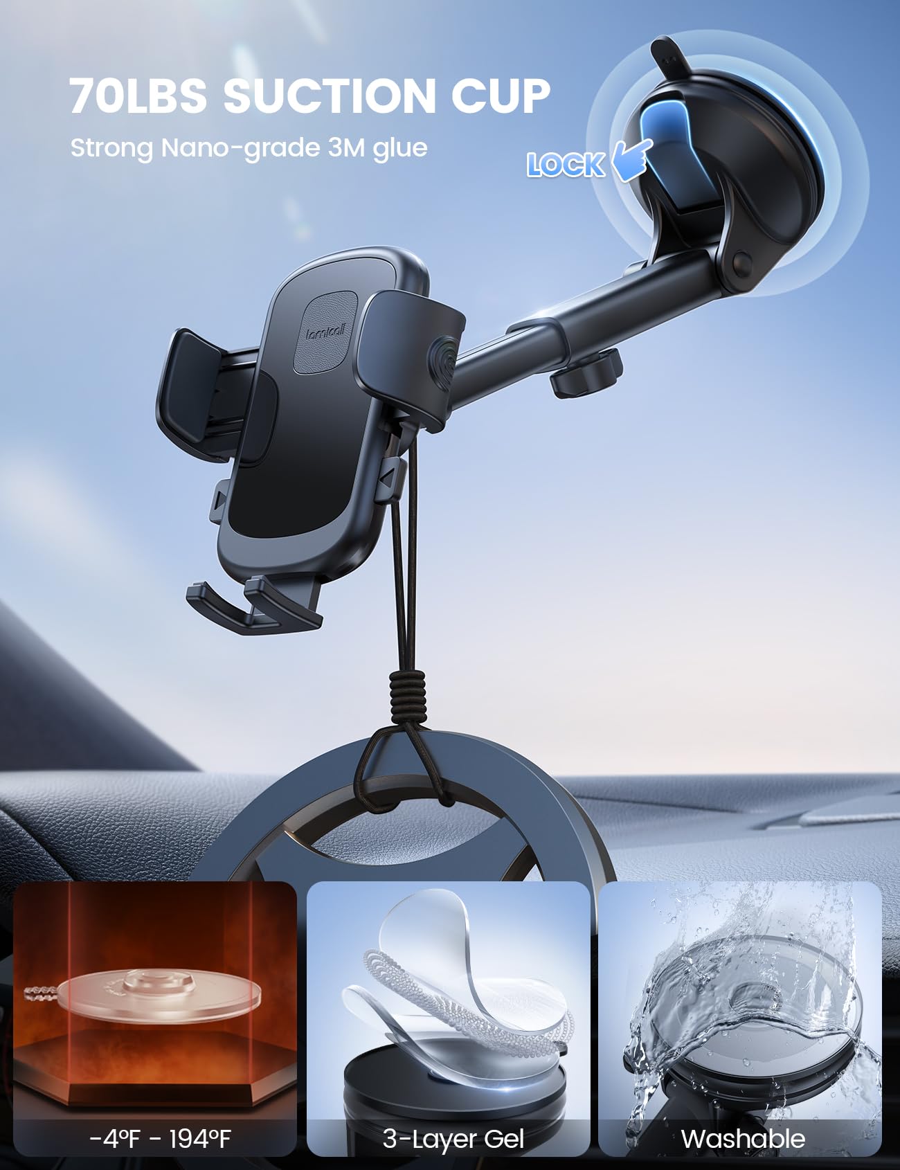 Foto 4 pulgar | Soporte Para Teléfono De Coche Lamicall, Ventosa 3 En 1, 360° - Venta Internacional.