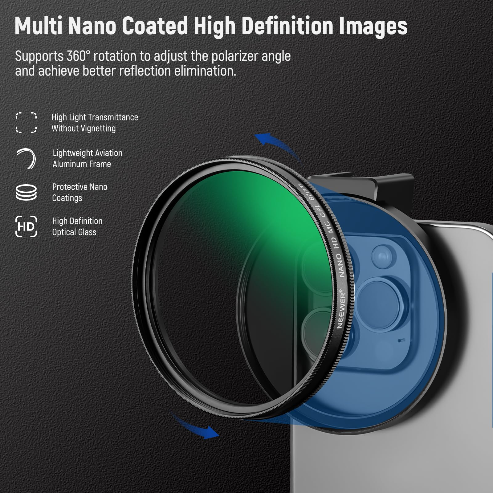 Foto 4 | Filtro Cpl Neewer Fl-27 Para Teléfono, Lente De Cámara De 67 Mm Con Clip - Venta Internacional.