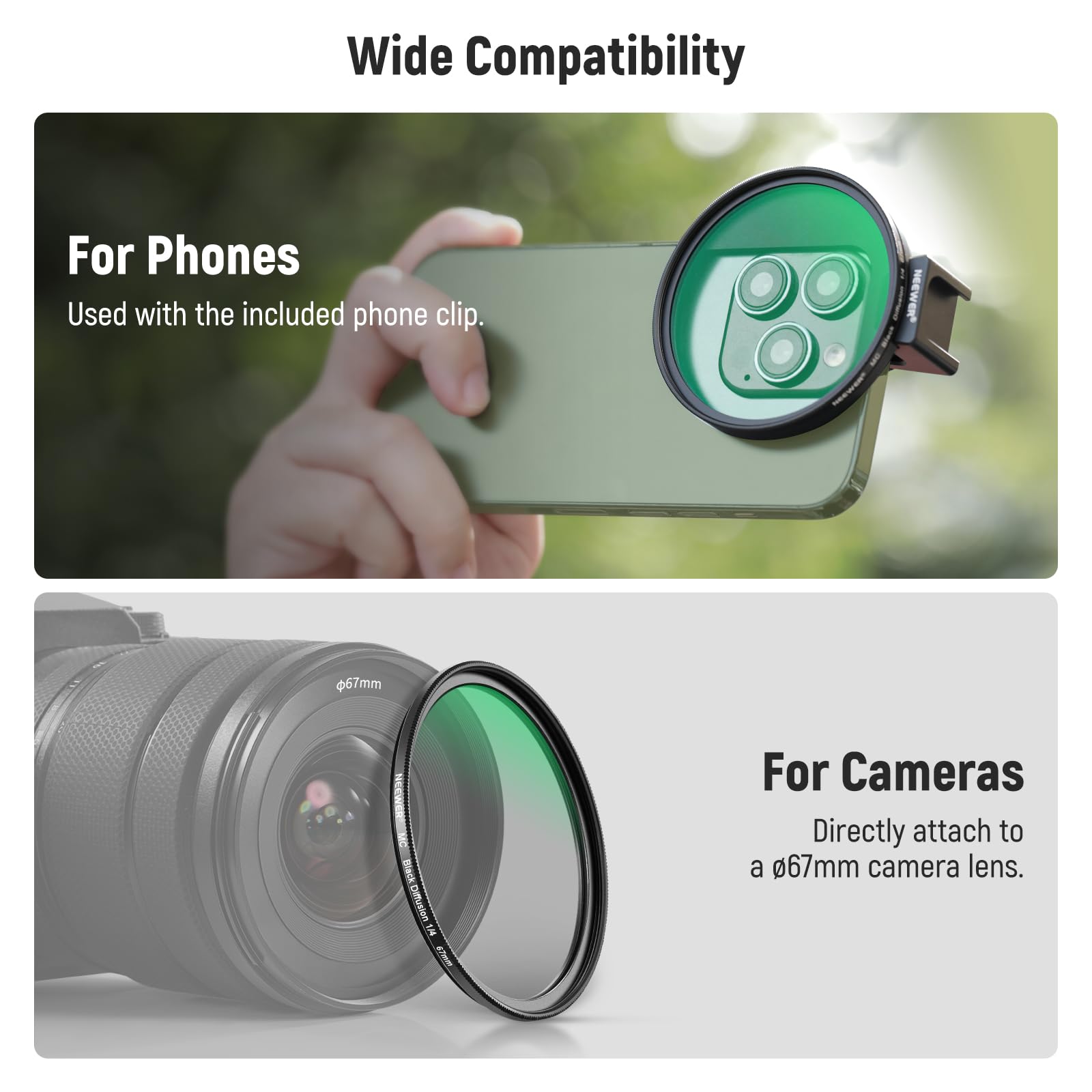 Foto 7 | Filtro De Difusión Neewer, 67 Mm, 1/4, Negro Con Clip Para Teléfono Cold Shoe - Venta Internacional.
