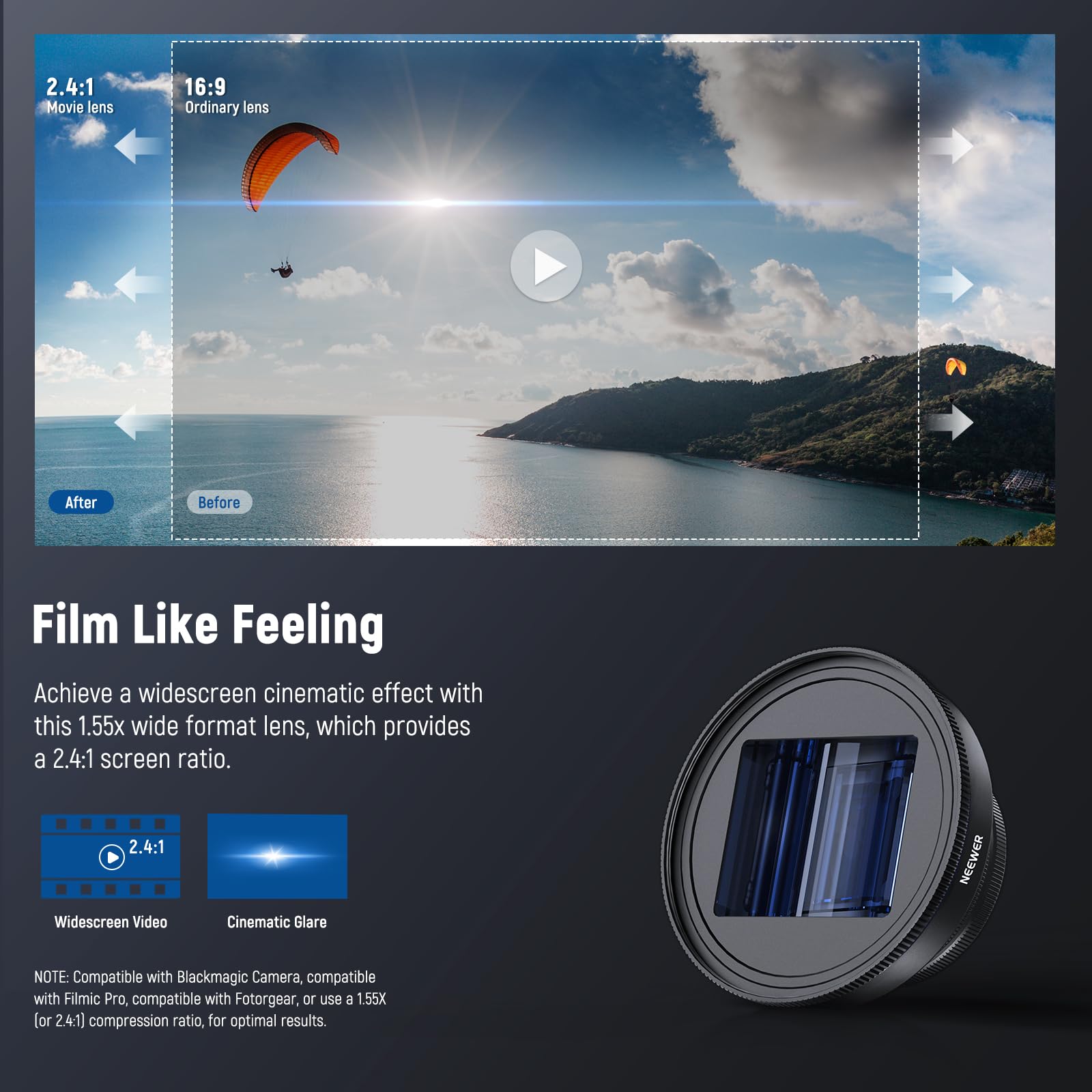Foto 2 | Lente Anamórfica Para Teléfono Neewer Pro 1.55x Con Blue Flare Ls-43 Pro - Venta Internacional.