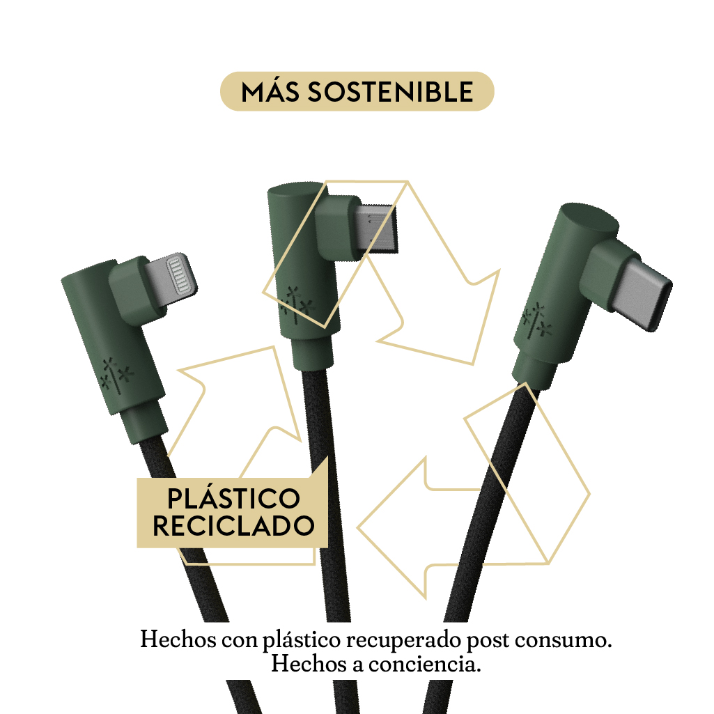 Foto 4 pulgar | Cable 3en1 Hune Hiedra color Verde Sustentable Microusb Tipo C y Lightning 90 Grados