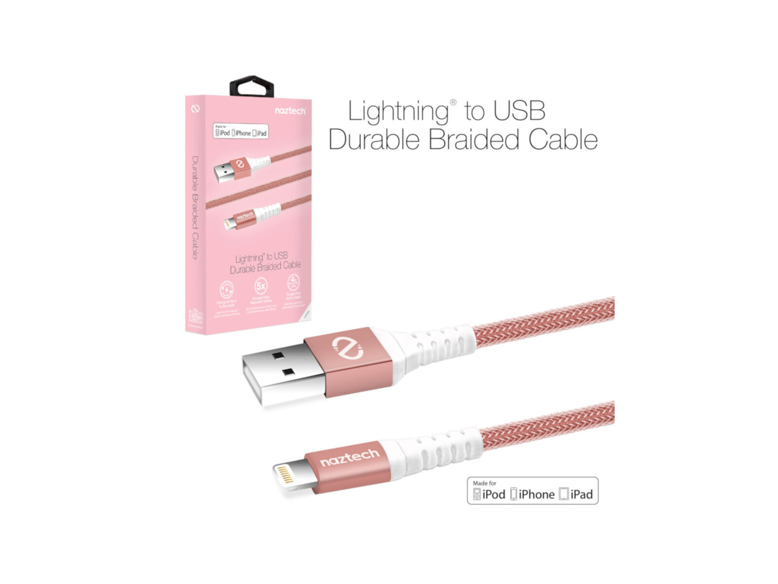 Foto 4 pulgar | Cable Lightning Naztech color Oro Rosa de 1.2 m