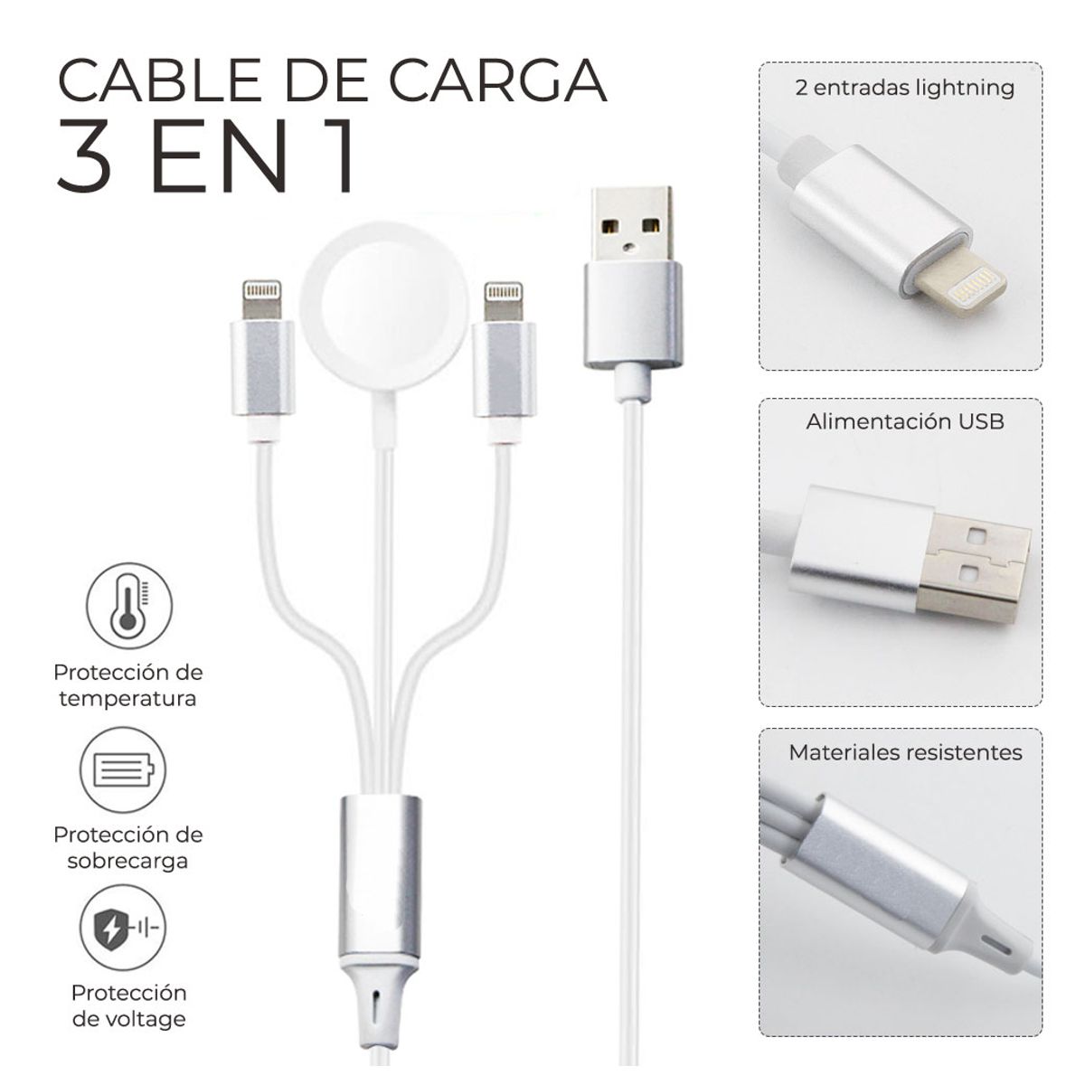 Foto 3 pulgar | Cable Cargador Ele-Gate CH75 color Blanco 3 en 1 para iWatch y iPhone