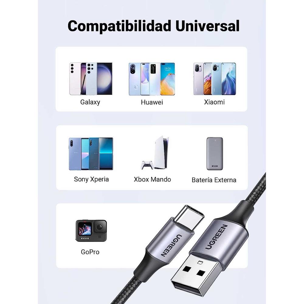 Foto 3 pulgar | Cable Datos Ugreen USB-A a USB-C 2M Trenzado Universal color Gris