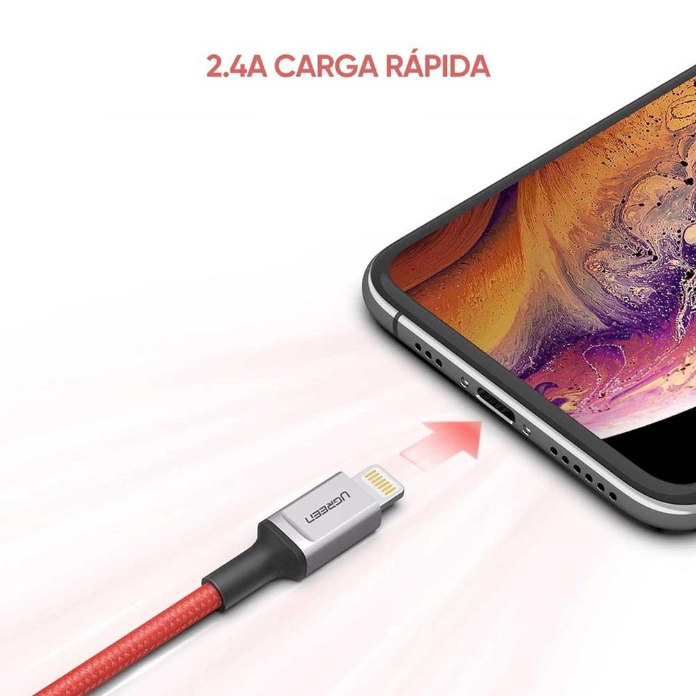 Foto 3 pulgar | Cable Datos Ugreen USB-A a Lightning 1M color Rojo Certificado para iPhone y iPad