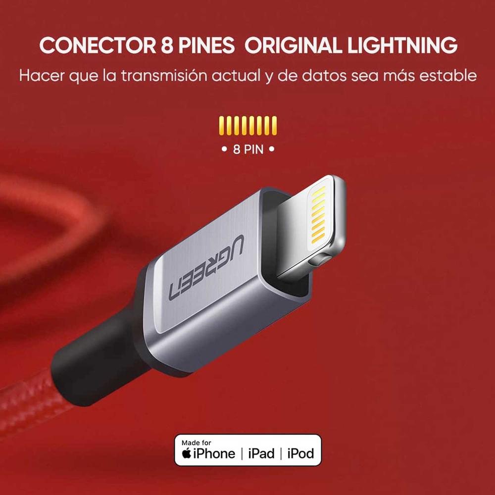 Foto 6 pulgar | Cable Datos Ugreen USB-A a Lightning 1M color Rojo Certificado para iPhone y iPad