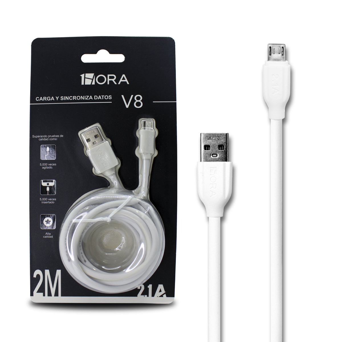 Foto 3 pulgar | Cable Usb 1hora Salida V8 2.1a 2m Blanco Cab178