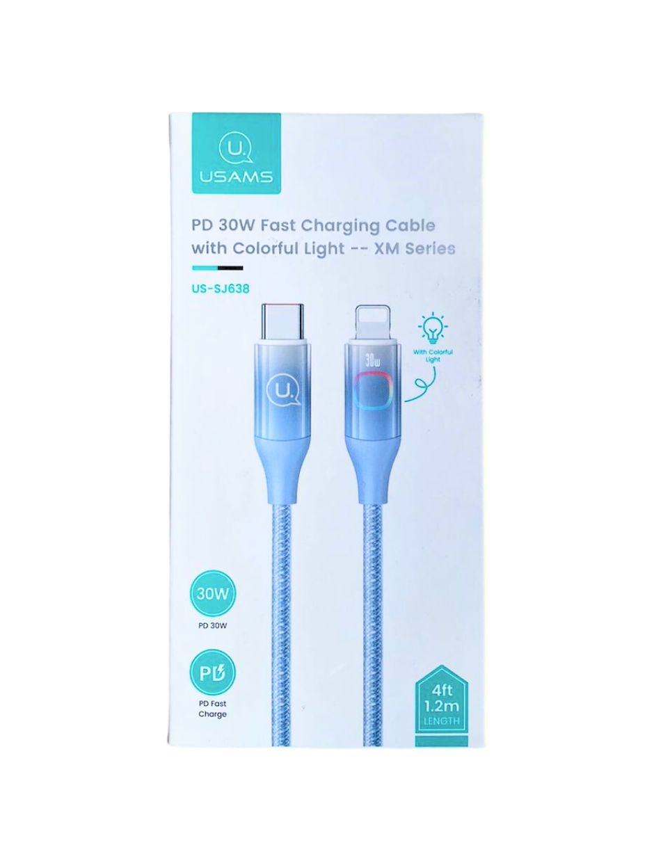 Cable Tipo C a Lightning Usams 30w Pd 1.2 m Azul con Led