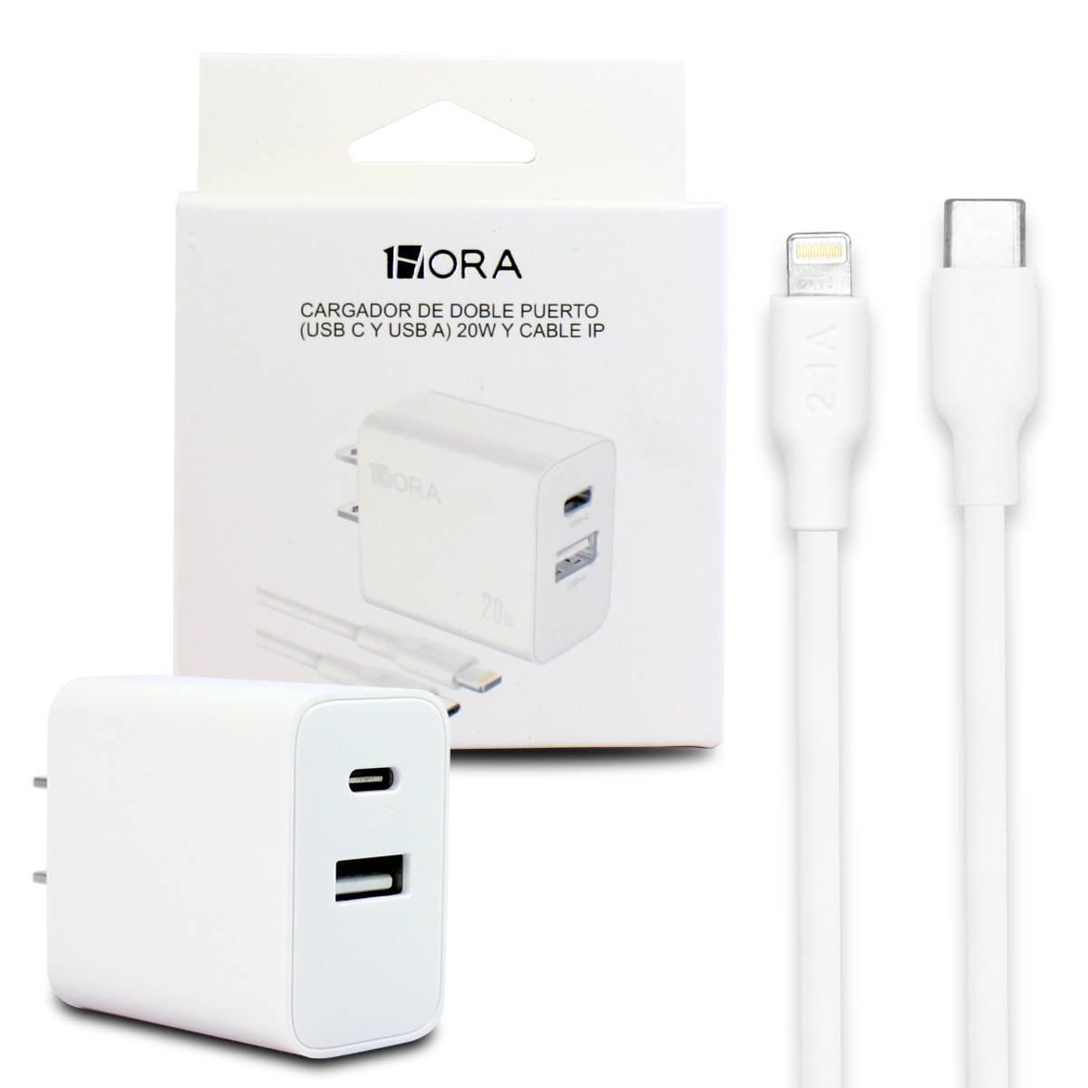 Cubo Cargador Doble Puerto Usb A Usb C 1 Hora Con Cable 2m Tipo Ip 20w