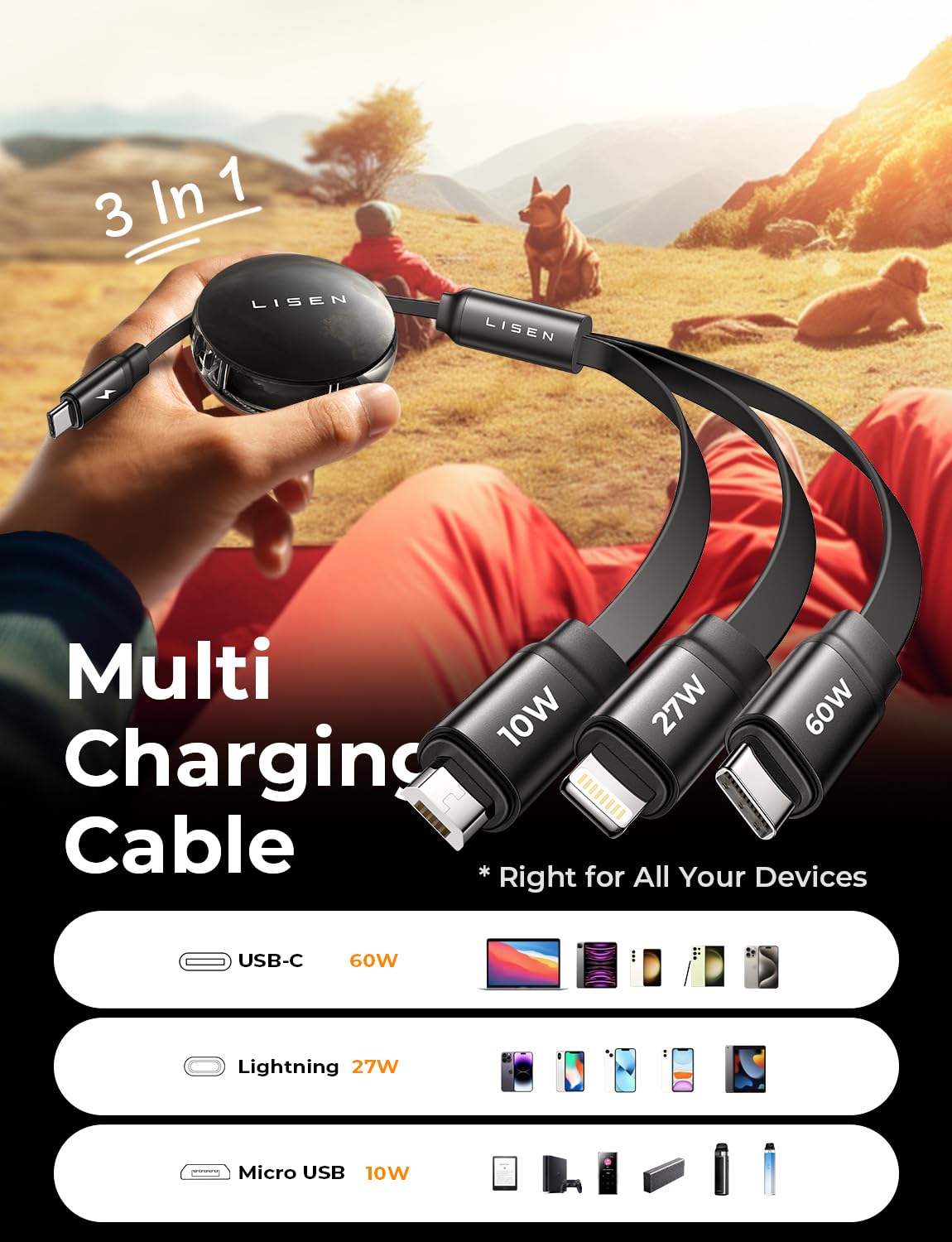 Foto 3 pulgar | Cable De Carga Lisen 60w 3.5a 3-en-1 Retráctil Para Iphone - Venta Internacional.