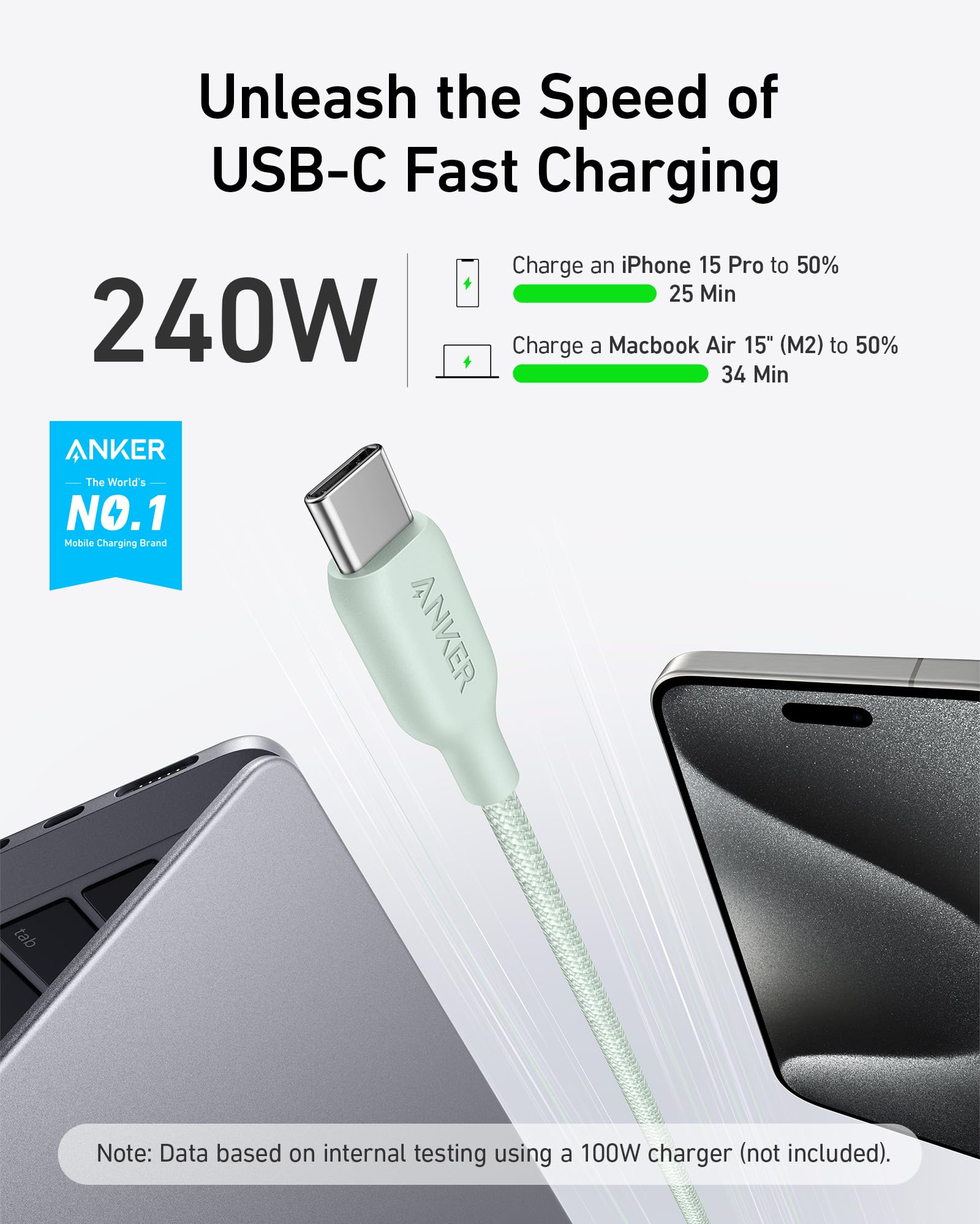 Foto 2 | Cable Usb C Anker Biobraded Tipo C De Carga Rápida De 6 Pies, Verde - Venta Internacional.