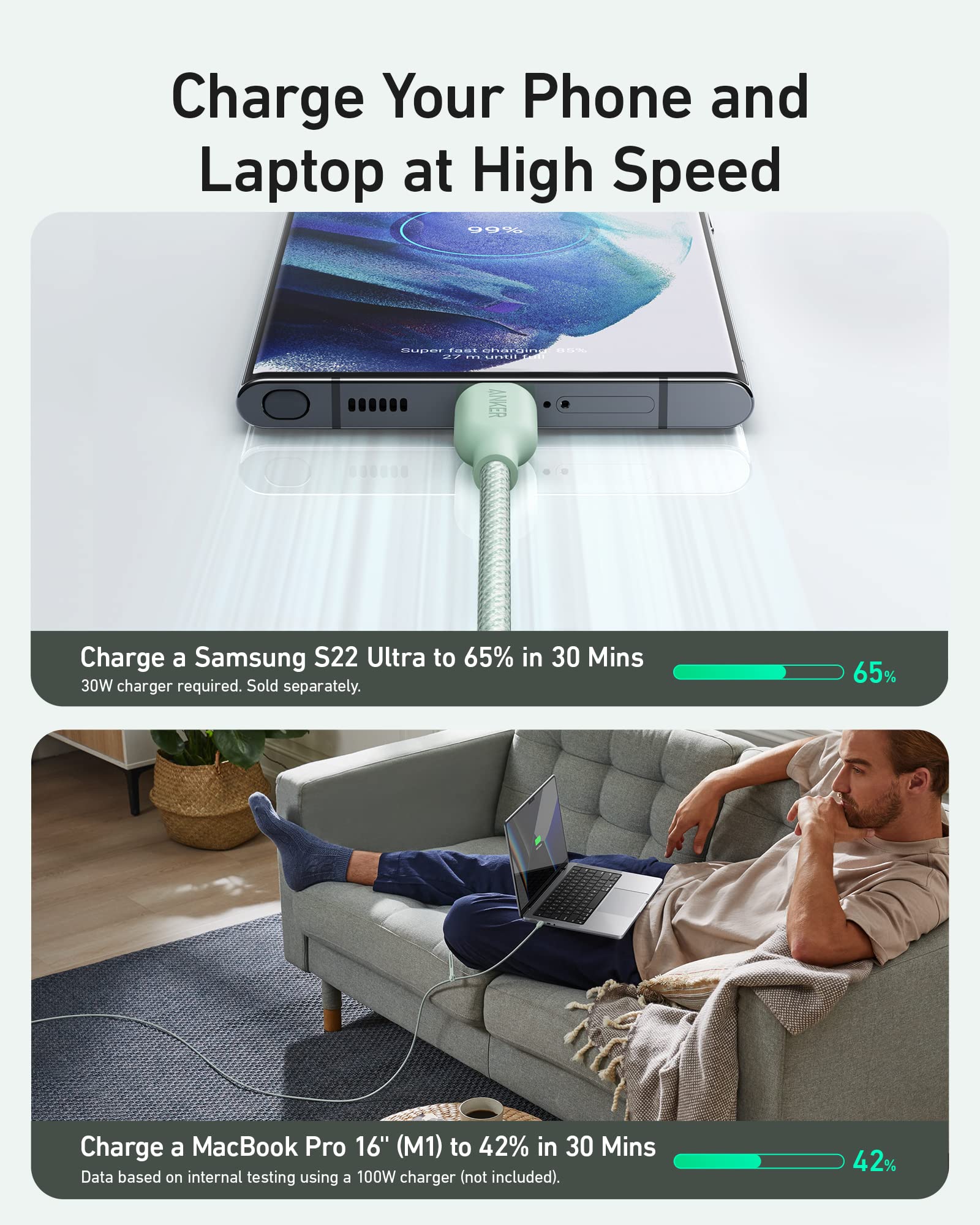 Foto 7 | Cable Usb C Anker Biobraded Tipo C De Carga Rápida De 6 Pies, Verde - Venta Internacional.