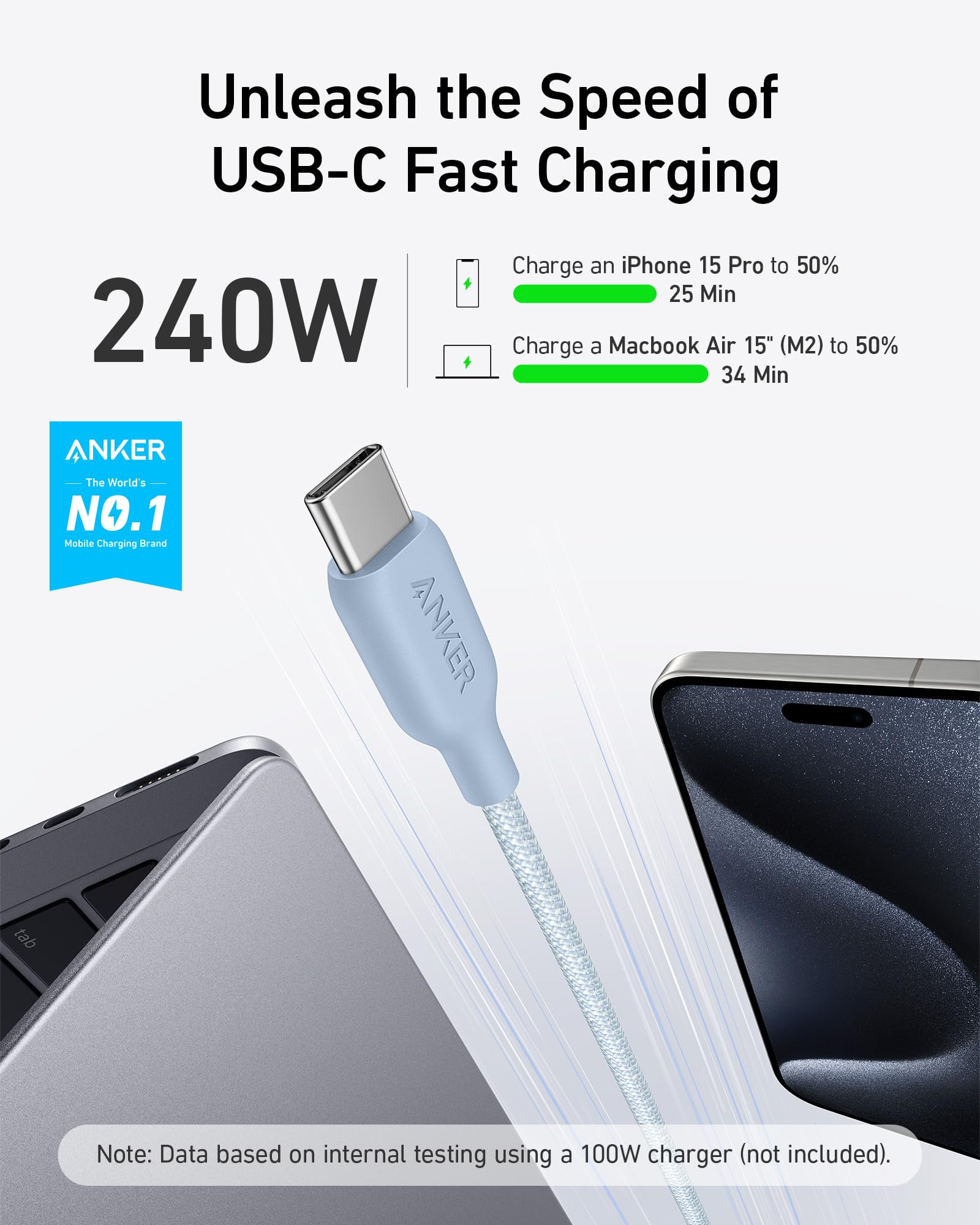 Foto 3 pulgar | Cable Usb C Anker, 240 W, Trenzado Biológico, Tipo C, Carga Rápida, 1,8 M - Venta Internacional.