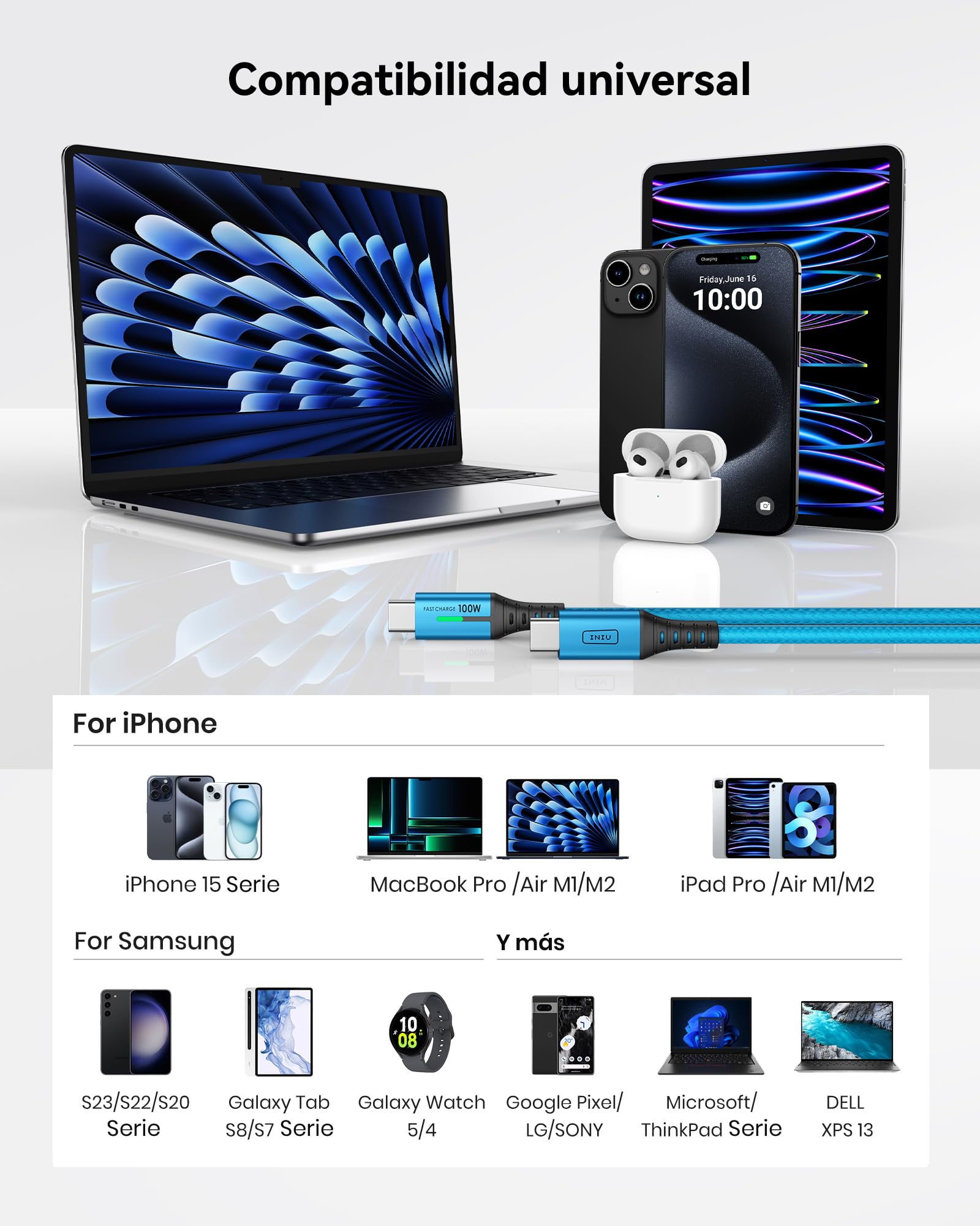 Foto 7 pulgar | Cable Usb-c Iniu, Paquete De 2 Unidades, 6.6 Pies, Azul Para Iphone 16, 15 Pro Max/plus - Venta Internacional.