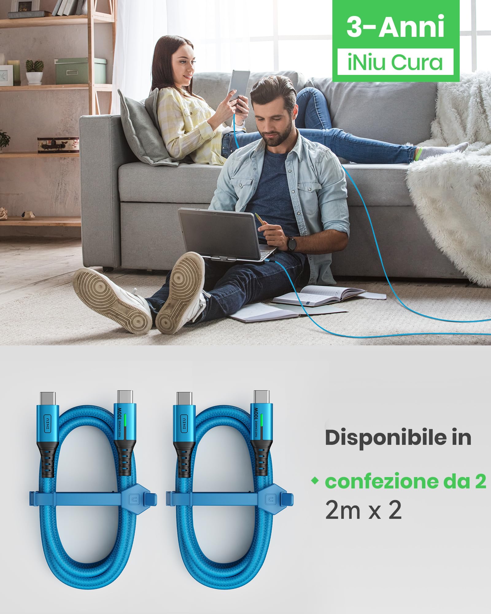 Foto 7 | Cable Usb-c Iniu, Paquete De 2 Unidades, 6.6 Pies, Azul Para Iphone 16, 15 Pro Max/plus - Venta Internacional.