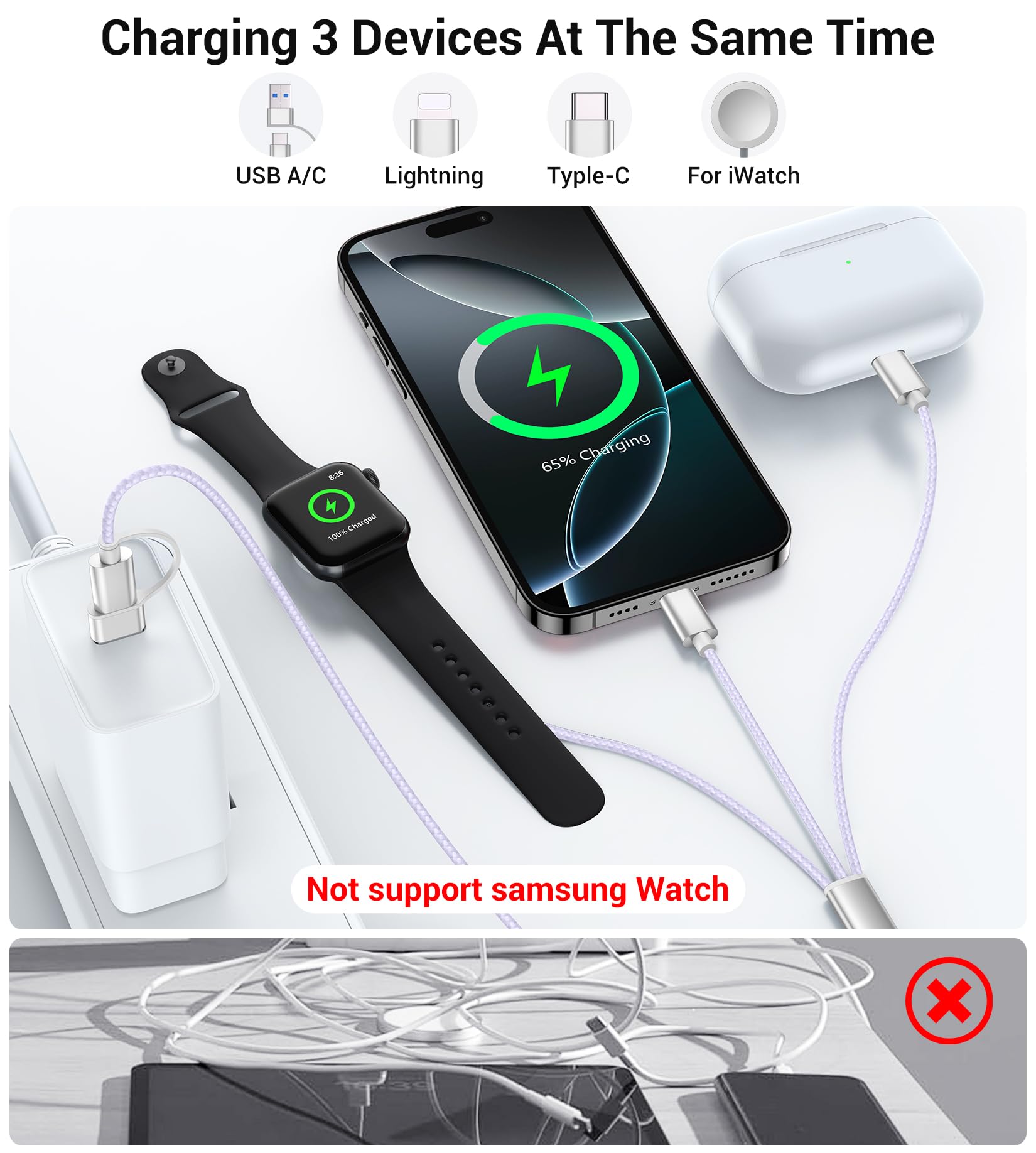 Foto 4 pulgar | Cable De Carga Temdan Para Apple Watch Y Iphone 16, Color Morado - Venta Internacional.