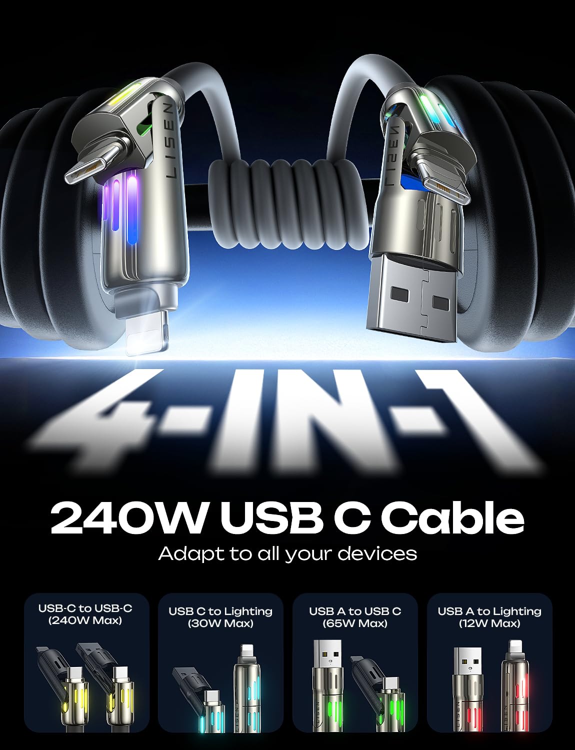 Foto 3 pulgar | Cable De Carga Lisen Usb C A Usb C, 240 W, 4 En 1, 10 Pies, Para Iphone - Venta Internacional.