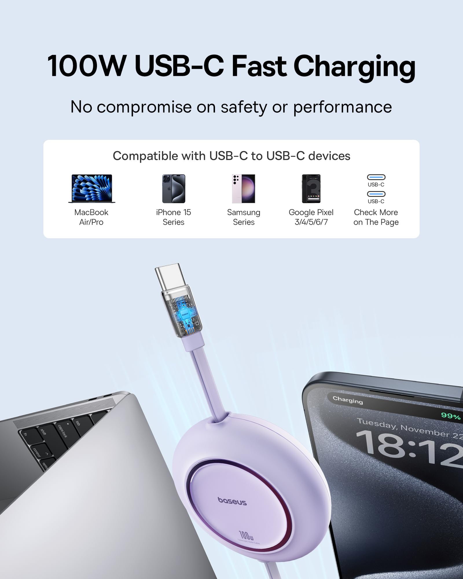 Foto 2 | Cable Usb C Baseus De 100 W Y 2 M De Carga Rápida Retráctil - Venta Internacional.