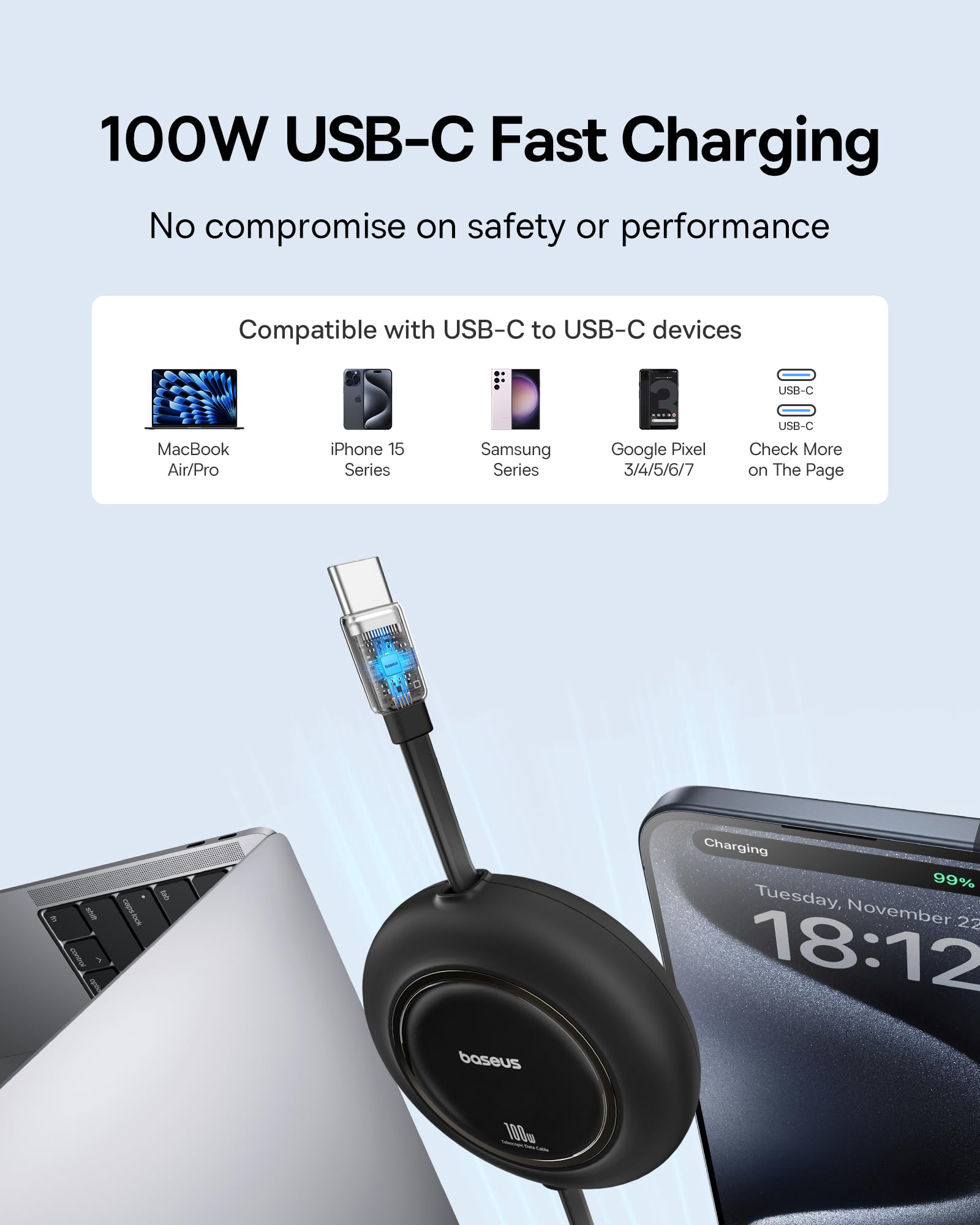 Foto 3 pulgar | Cable Usb C A Usb C Baseus De 100 W, 2 M, Retráctil Y Carga Rápida - Venta Internacional.