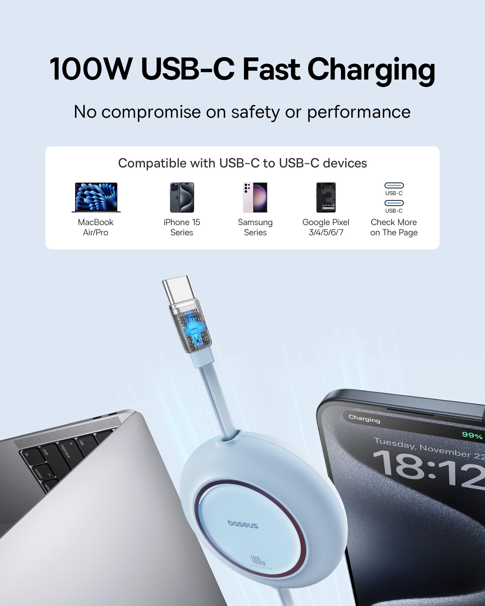 Foto 3 pulgar | Cable Usb C Baseus De 100 W Y 2 M De Carga Rápida Retráctil - Venta Internacional.