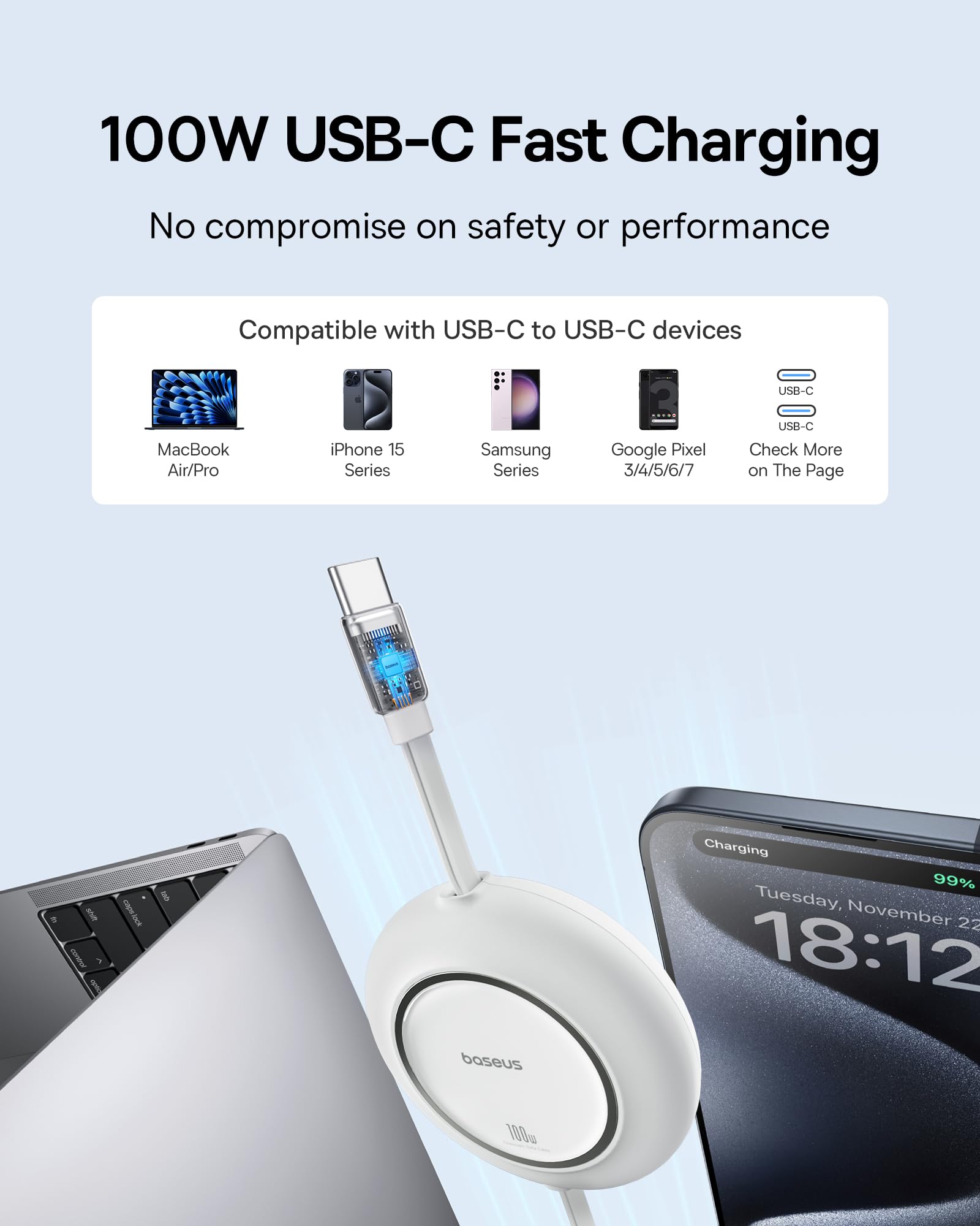 Foto 3 pulgar | Cable Usb C Baseus De 100 W Y 2 M De Carga Rápida Retráctil - Venta Internacional.