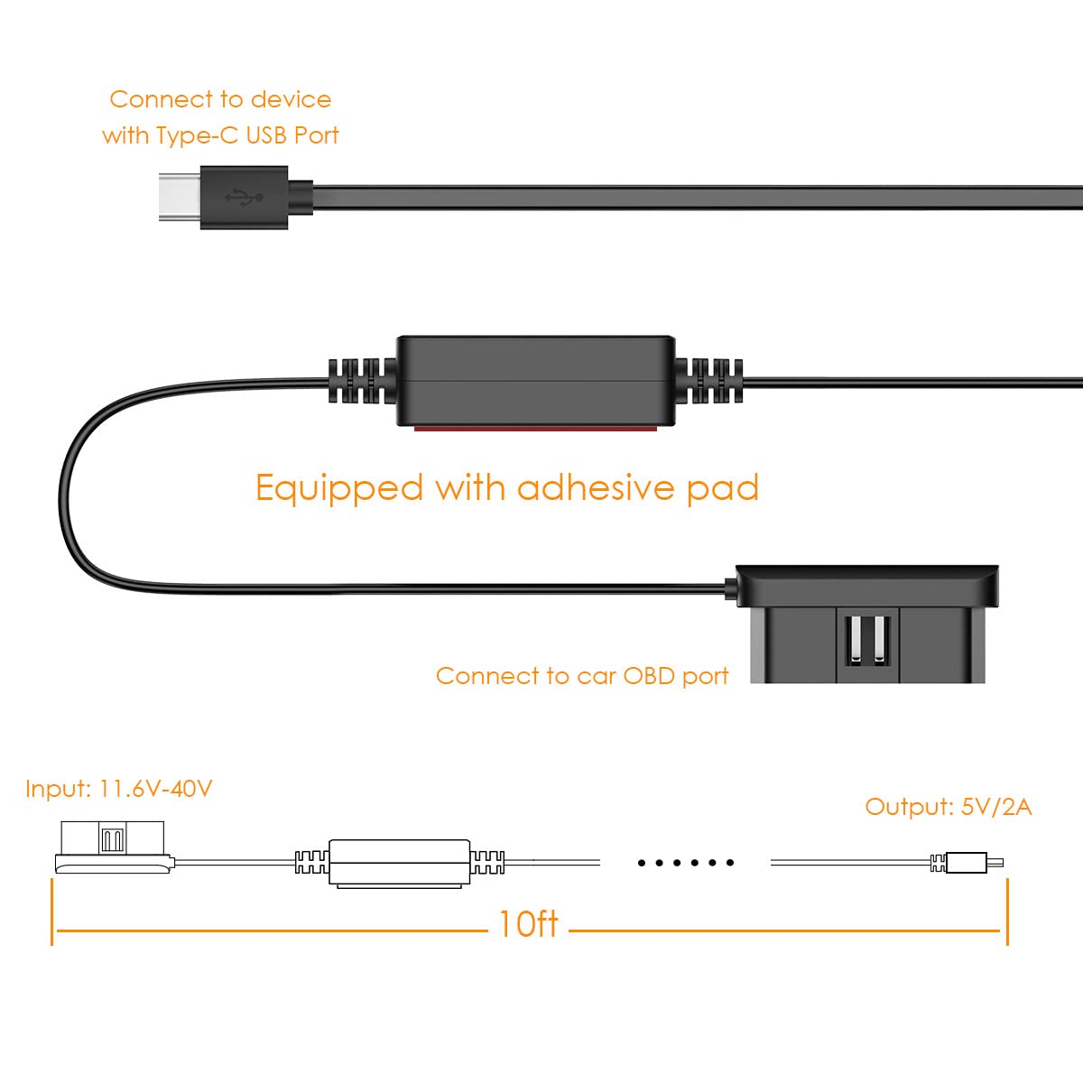 Foto 5 pulgar | Cable De Carga Vantrue Tipo C Usb Obd Hardwire De 3 M Para Dash Cams - Venta Internacional.
