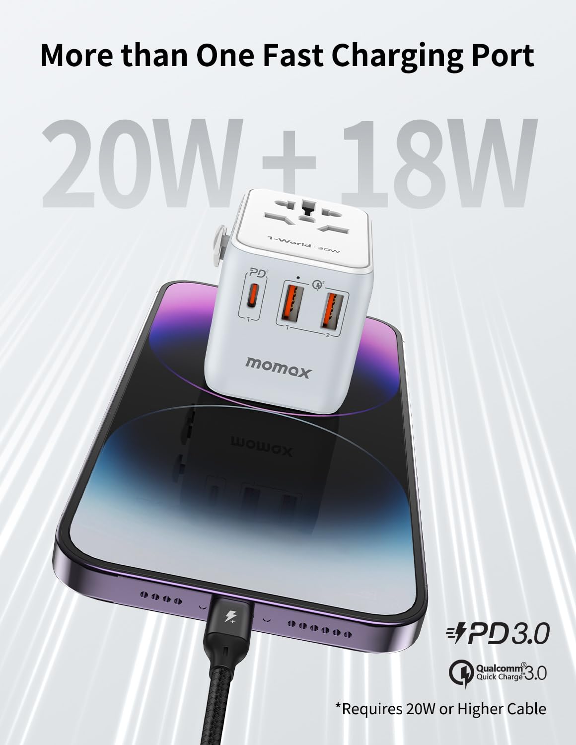 Foto 3 pulgar | Adaptador De Viaje Universal Momax, Cargador Rápido Gan De 20 W, 2 Usb - Venta Internacional.