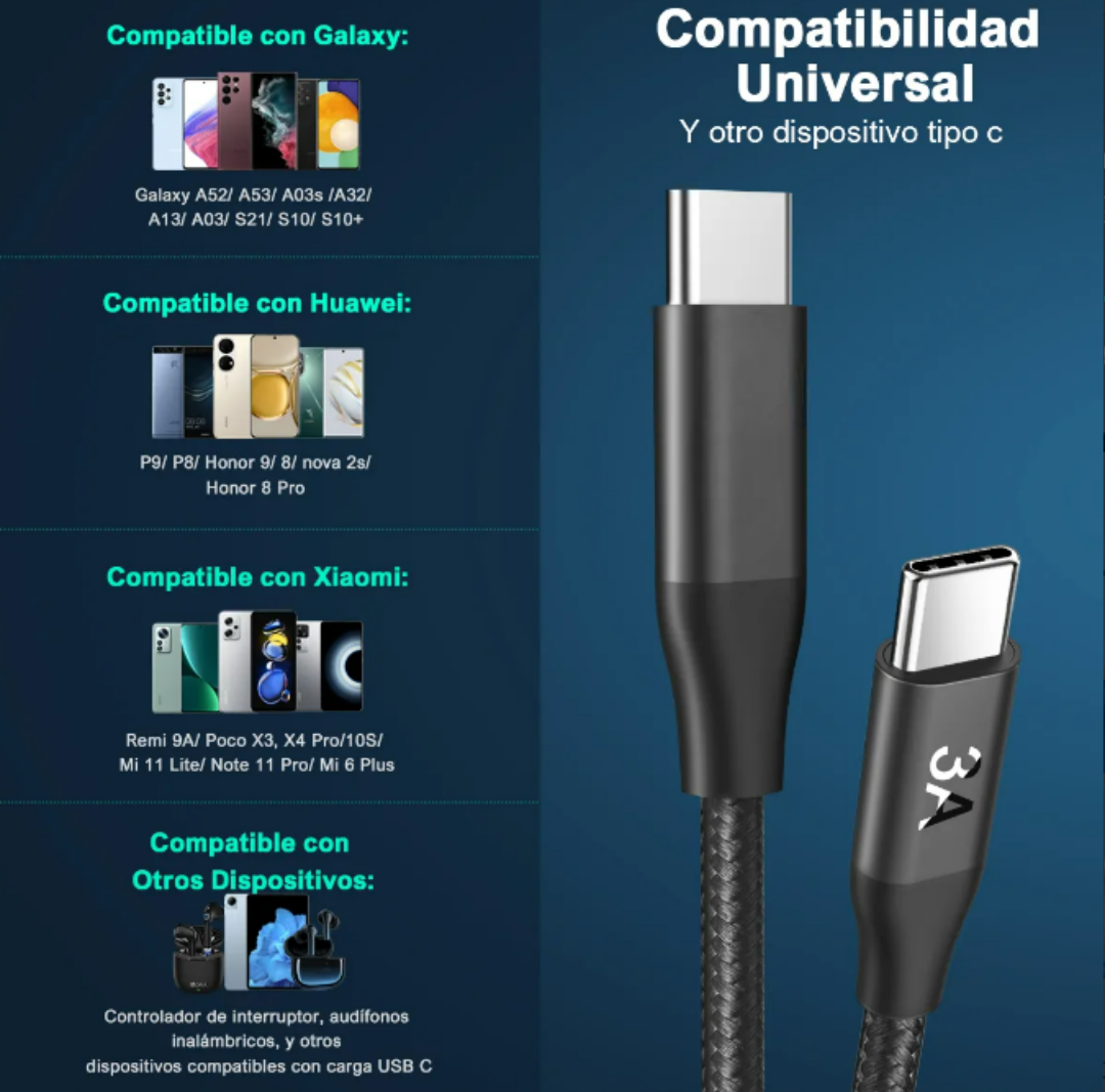 Foto 4 pulgar | Xtellar Cable Tipo C A Tipo C Premium 2m  Carga Rápida  Nailon Trenzado  Compatible Con Samsung  Poco  Moto Y R