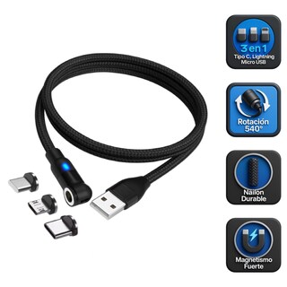 Foto 1 | Cable Cargador Magnético 3 En 1 Usb-c / Micro Usb / Lightning 1 Metro 2.4a Con Giro 540° – Compatible Con Android