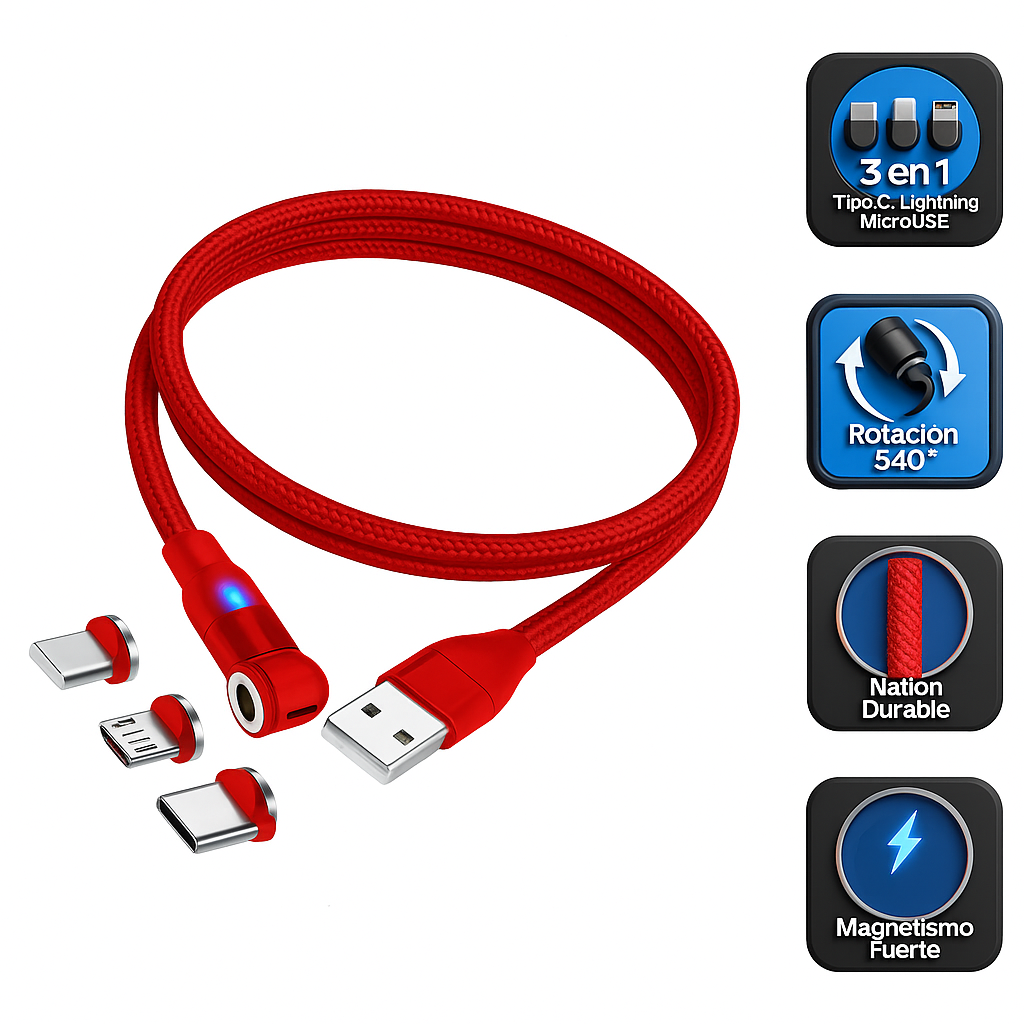 Foto 2 pulgar | Cable Cargador Magnético 3 En 1 Usb-c / Micro Usb / Lightning 1 Metro 2.4a Con Giro 540° – Compatible Con Android