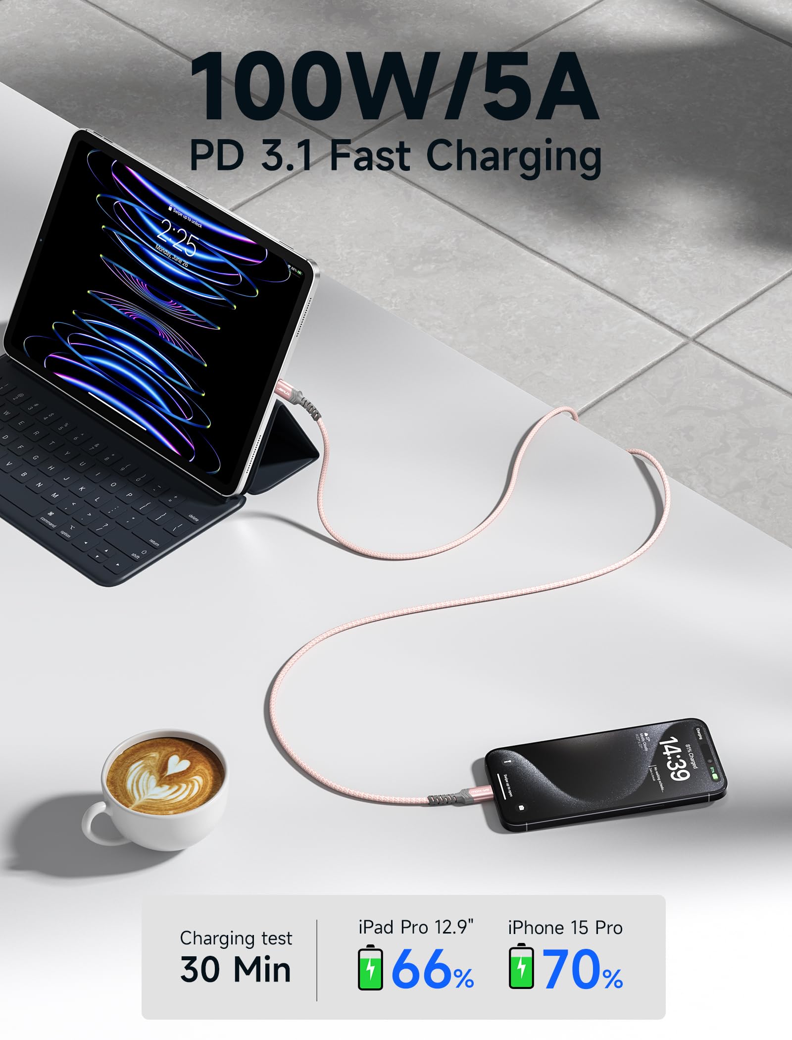Foto 3 pulgar | Cable Usb C A Usb C Jsaux  100 W  5 A  Carga Rápida  Paquete De 2 M  Rosa - Venta Internacional.