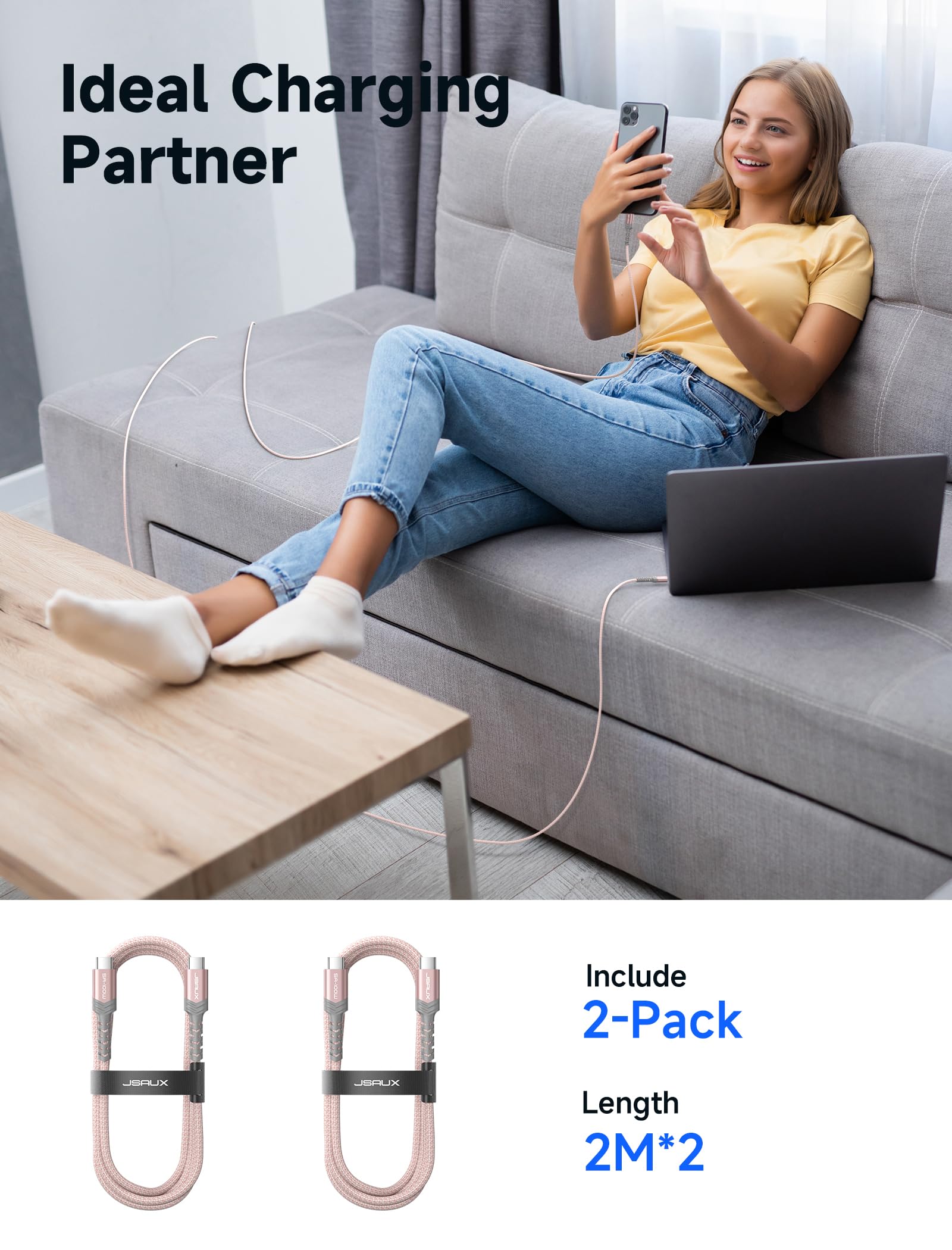 Foto 7 pulgar | Cable Usb C A Usb C Jsaux  100 W  5 A  Carga Rápida  Paquete De 2 M  Rosa - Venta Internacional.