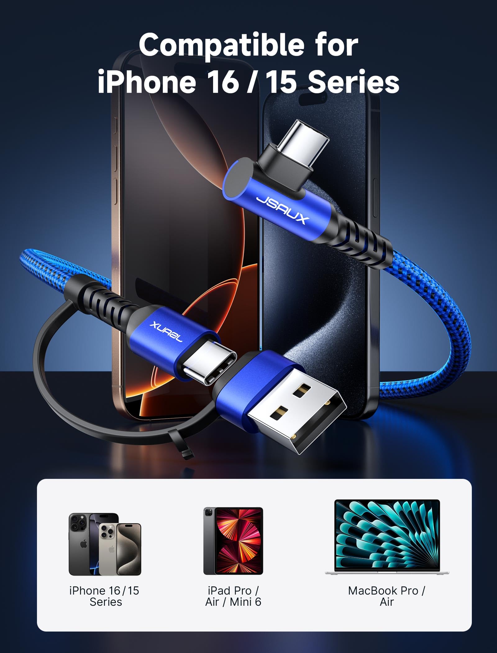 Foto 3 pulgar | Cable Usb C Jsaux 100 W [paquete De 2 3 M] En Ángulo Recto Usb C A C Azul - Venta Internacional.