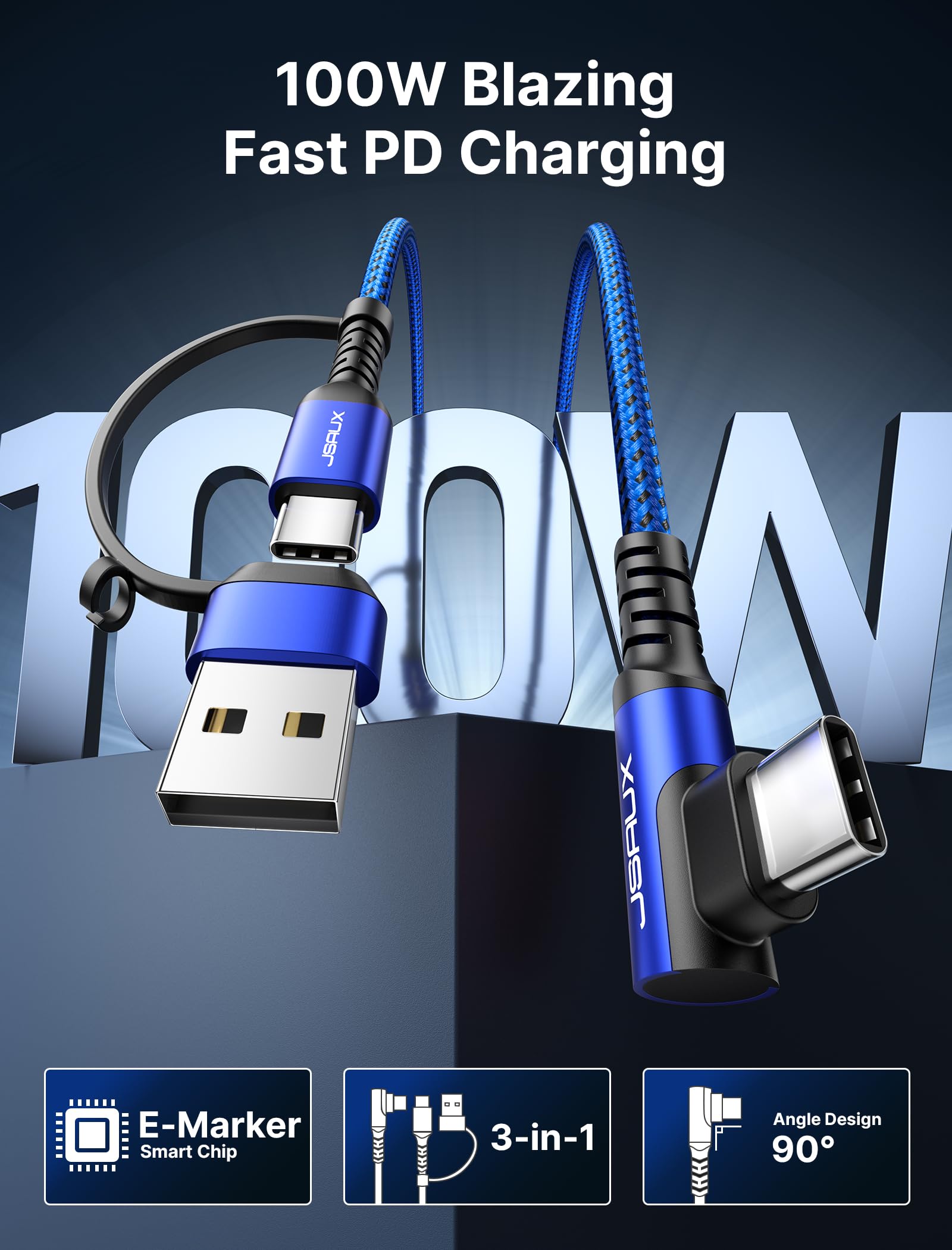 Foto 6 pulgar | Cable Usb C Jsaux 100 W [paquete De 2 3 M] En Ángulo Recto Usb C A C Azul - Venta Internacional.