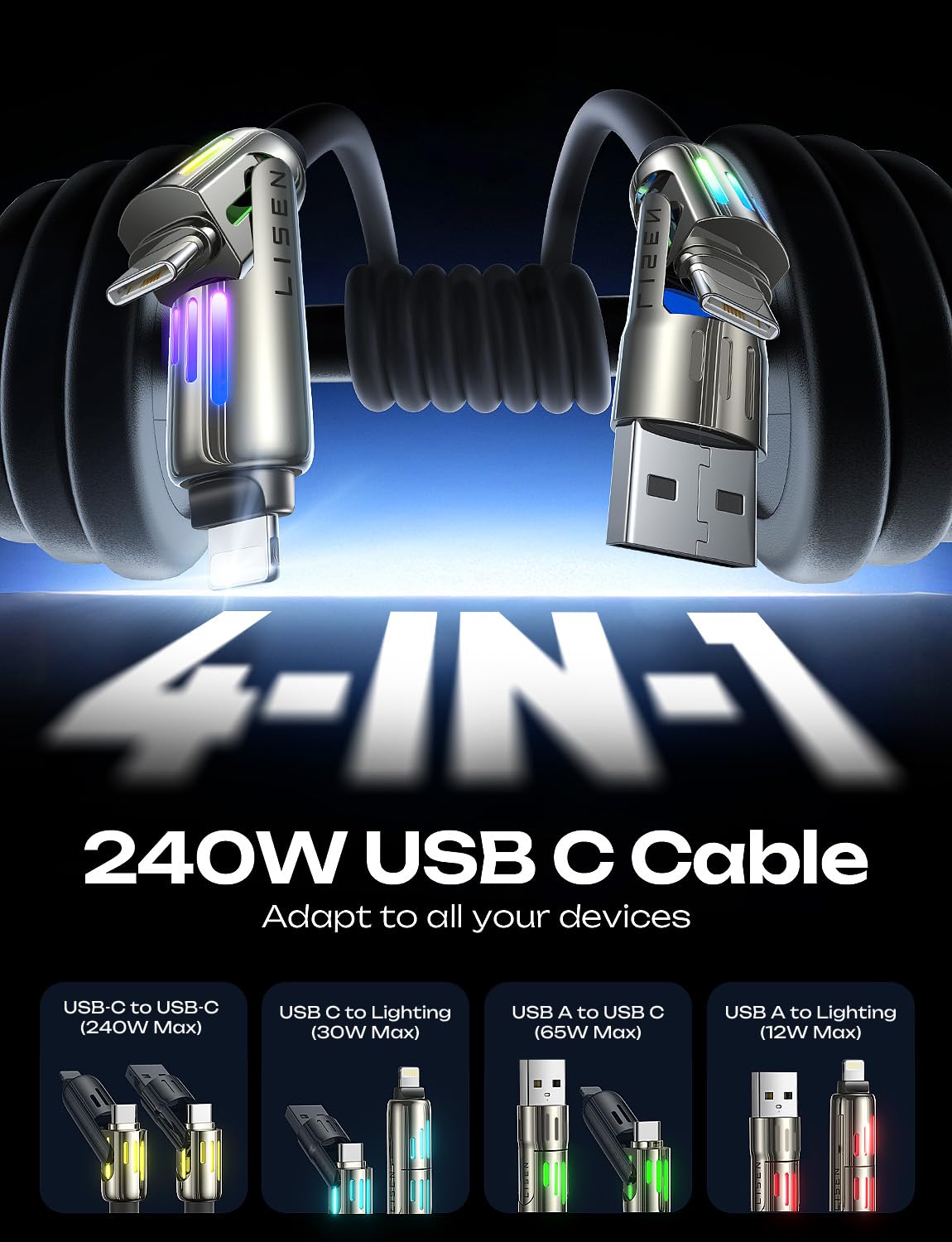 Foto 3 pulgar | Cable De Carga Usb-c 4 En 1 Lisen De 240 W Para Iphone Macbook - Venta Internacional.