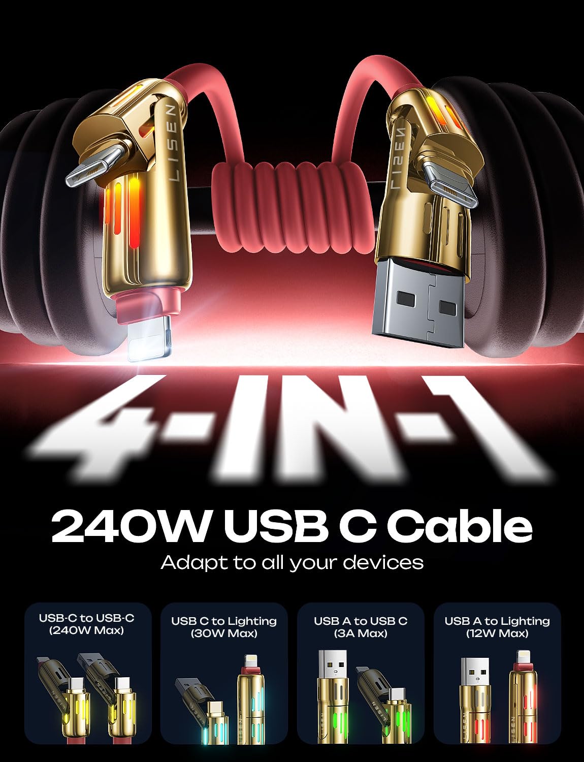 Foto 3 pulgar | Cable De Carga Lisen Chubby Usb C A Usb C 4 En 1 2 M Rojo De 240 W - Venta Internacional.