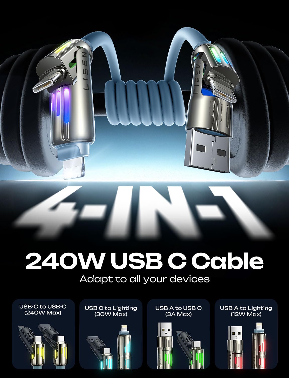 Foto 2 | Cable De Carga Lisen Para Iphone 16/15/14 Pro Max/macbook/ipad Pro - Venta Internacional.