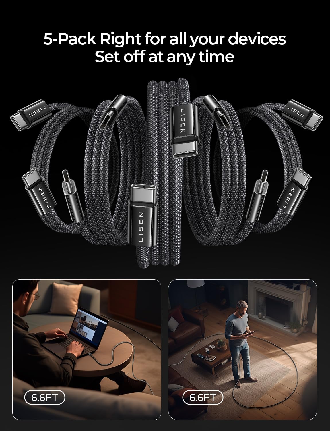 Foto 7 | Cable De Carga Lisen Tipo C Usb-c A Usb-c De 60 W  Paquete De 5 M - Venta Internacional.