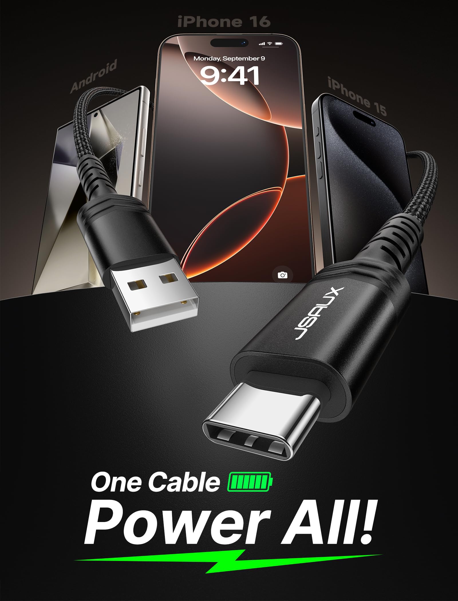 Foto 2 | Cable Usb C Jsaux  Paquete De 2 M  Carga Rápida Para Iphone Samsung  Negro - Venta Internacional.