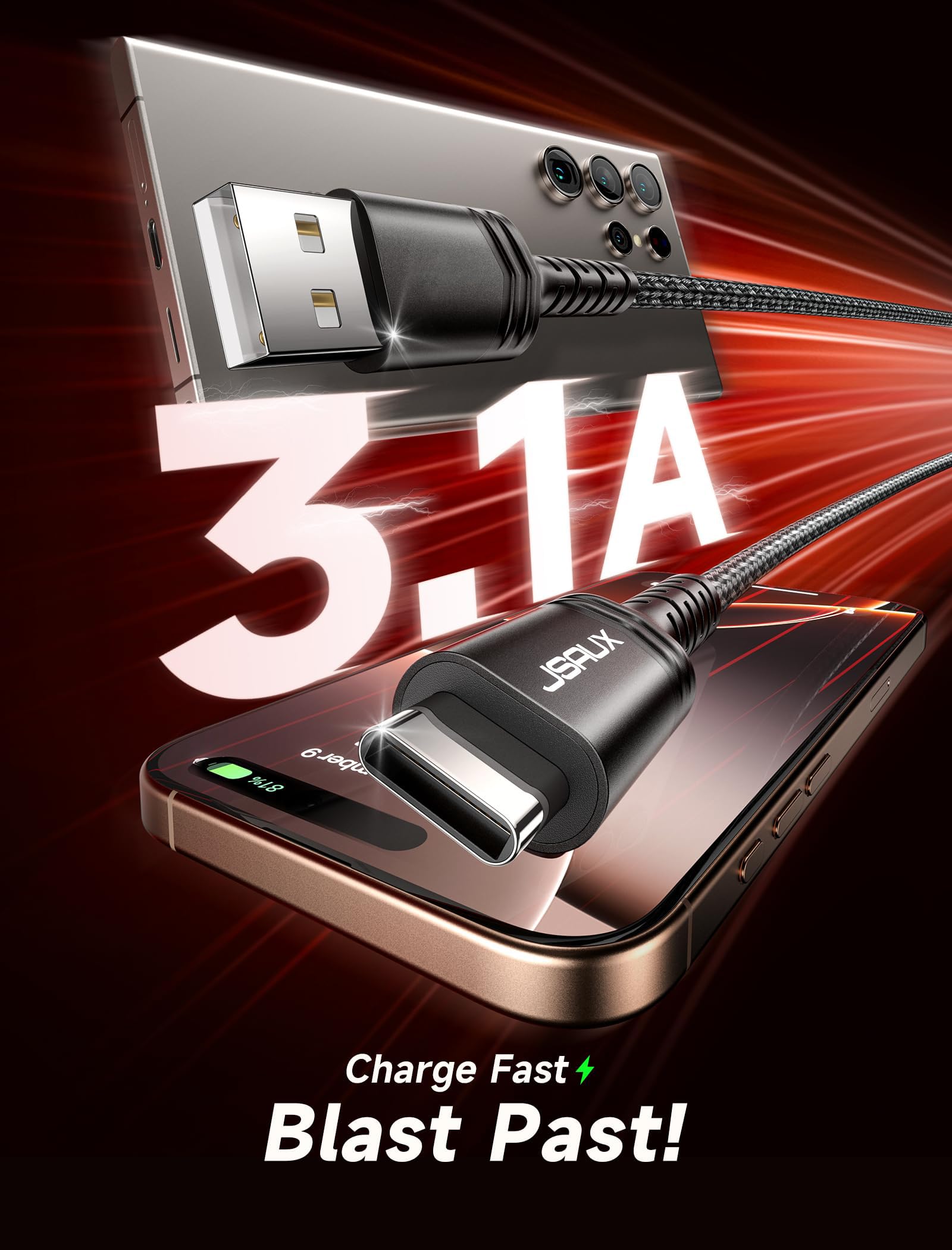 Foto 3 | Cable Usb C Jsaux  Paquete De 2 M  Carga Rápida Para Iphone Samsung  Negro - Venta Internacional.